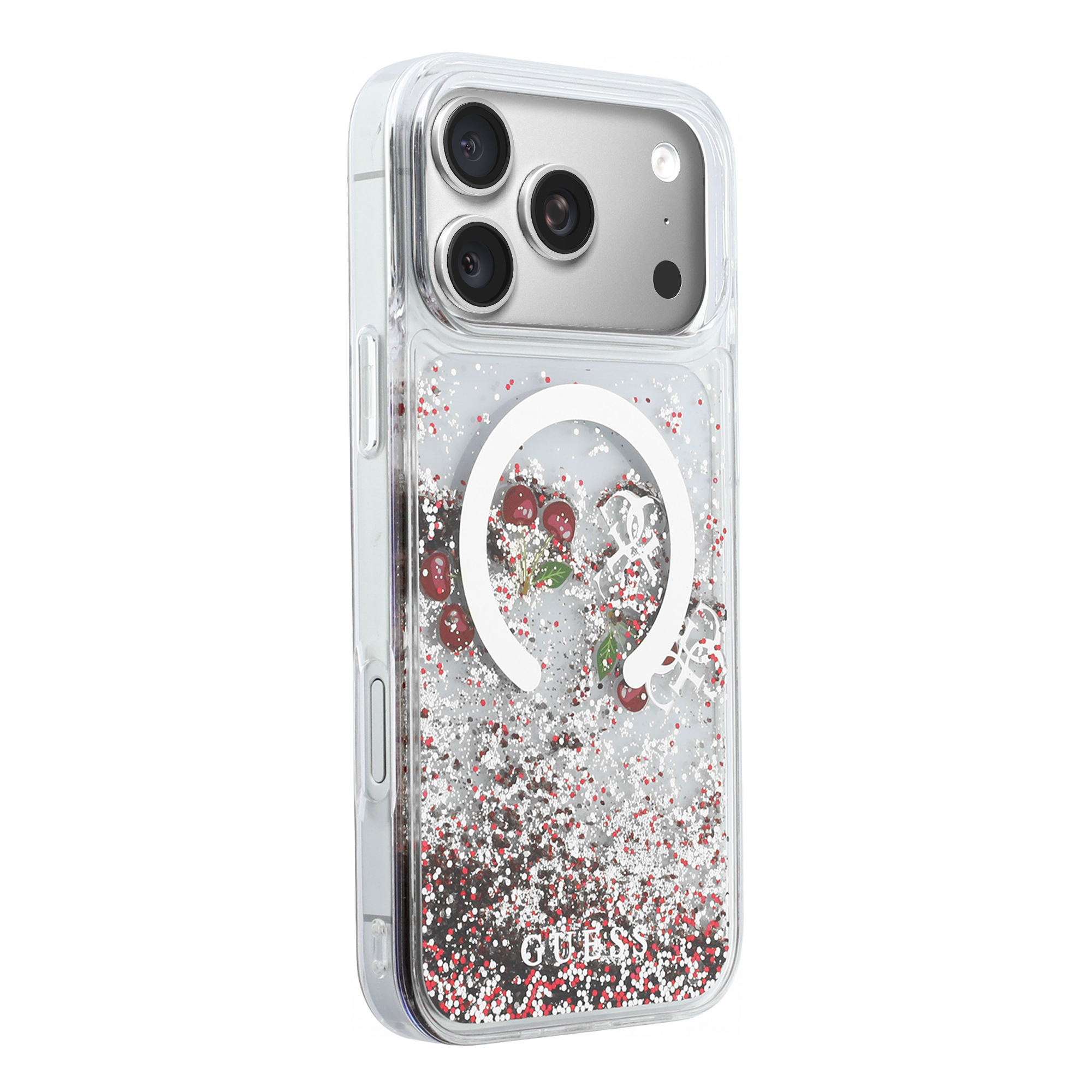 iPhone 17 Pro Max - GUESS Liquid Glitter With Cherries Silver — estuche (foto 4 de 8)