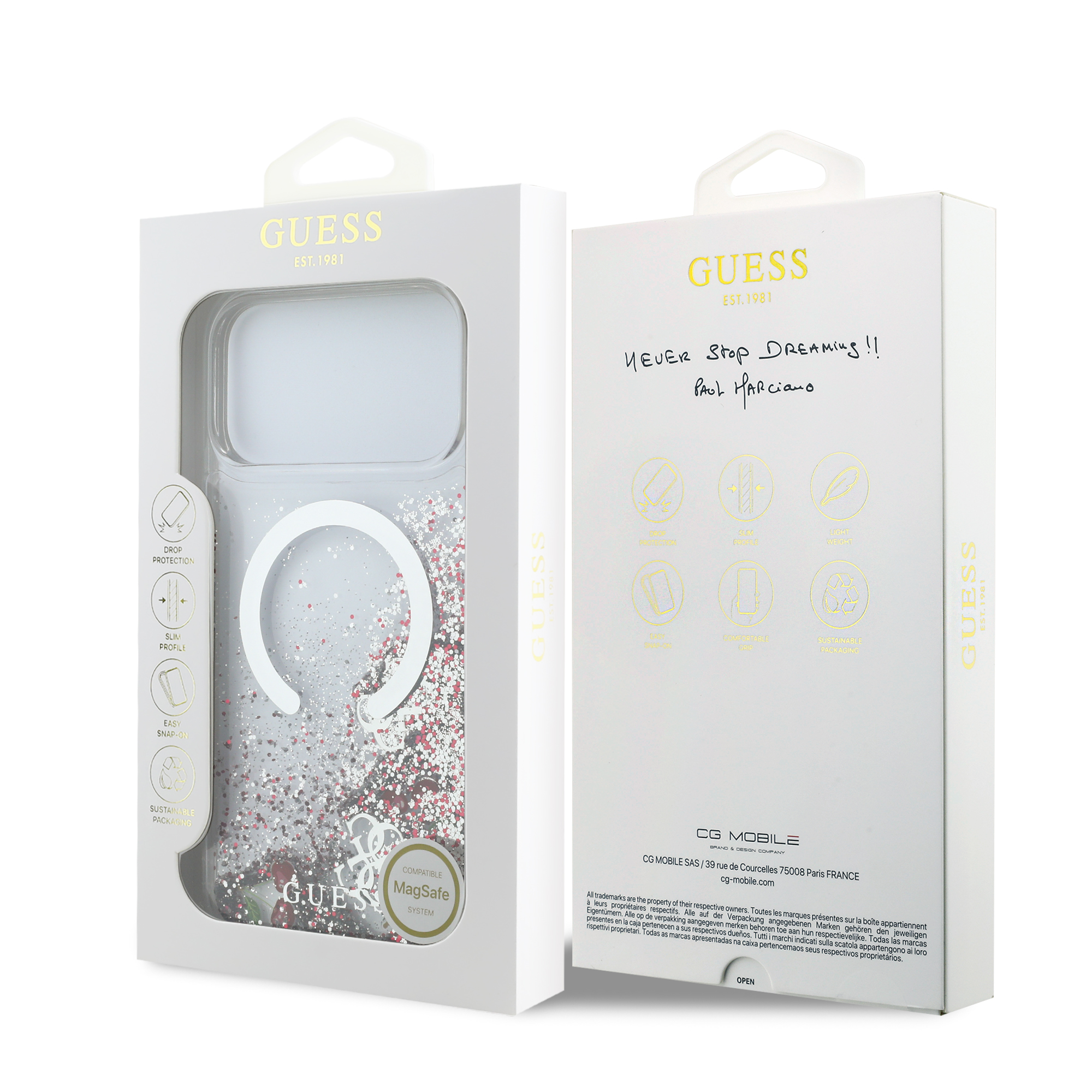 iPhone 17 Pro Max - GUESS Liquid Glitter With Cherries Silver — estuche (foto 8 de 8)