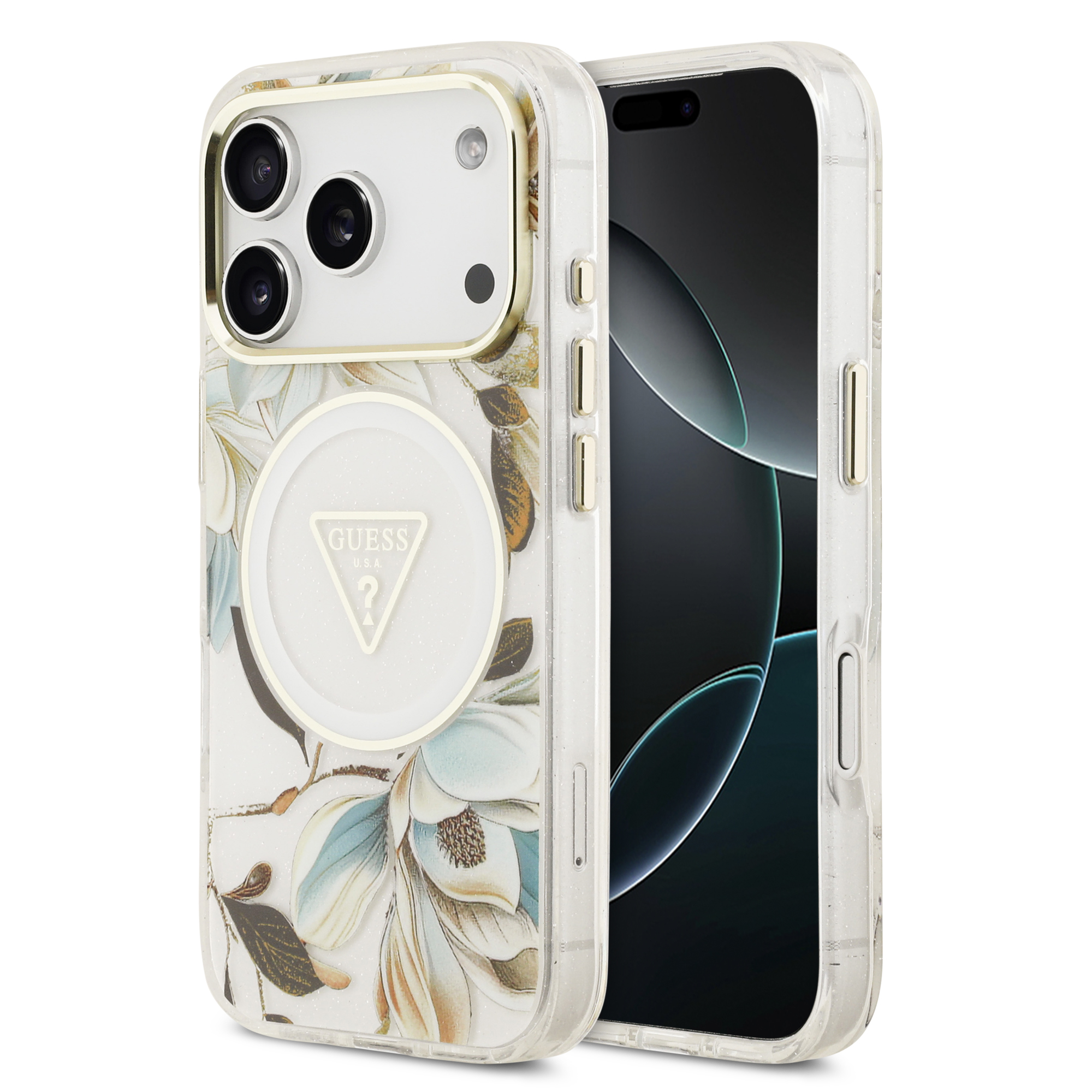 iPhone 17 Pro Max - GUESS Glitter Flowers Triangle White — estuche (foto 2 de 8)