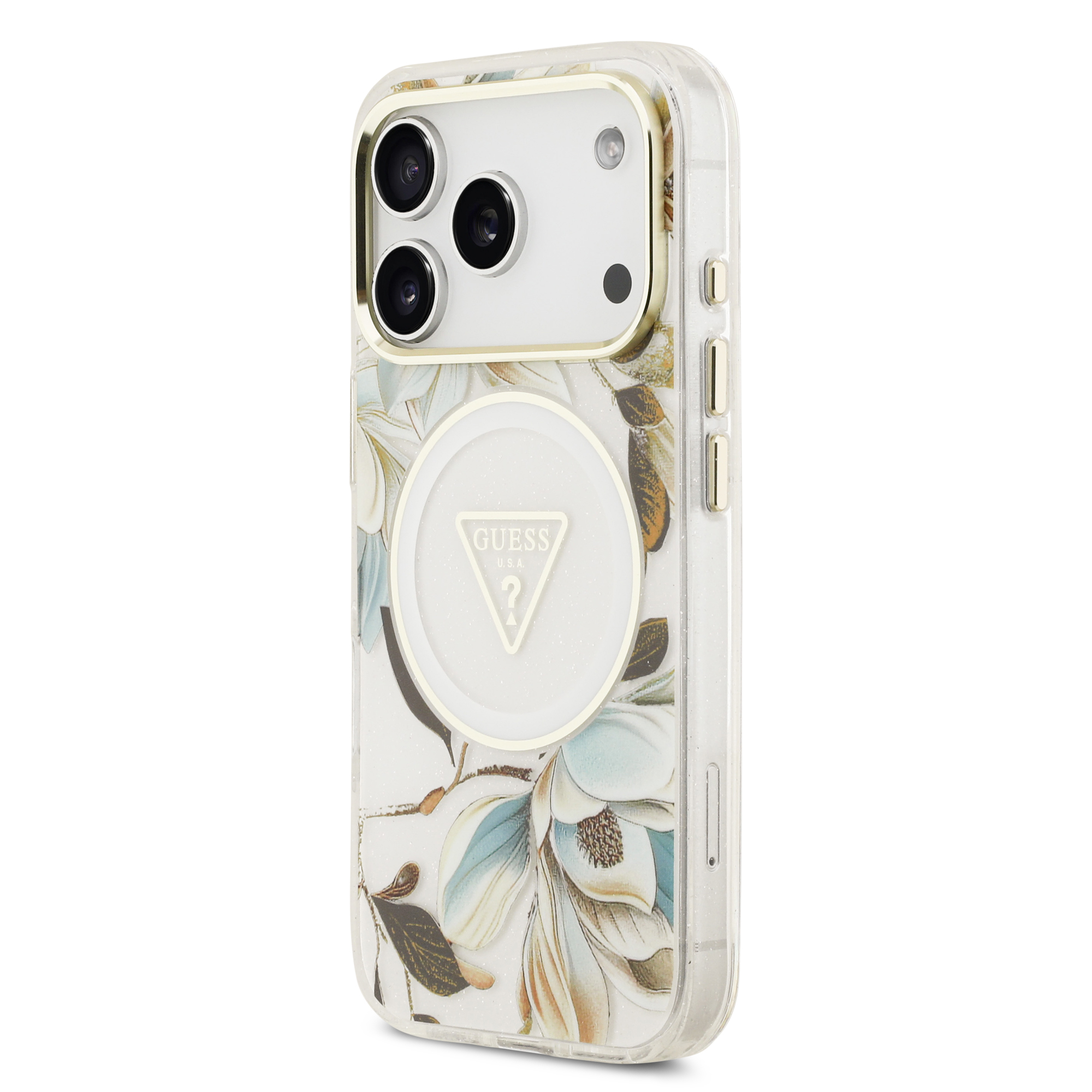 iPhone 17 Pro Max - GUESS Glitter Flowers Triangle White — estuche (foto 3 de 8)