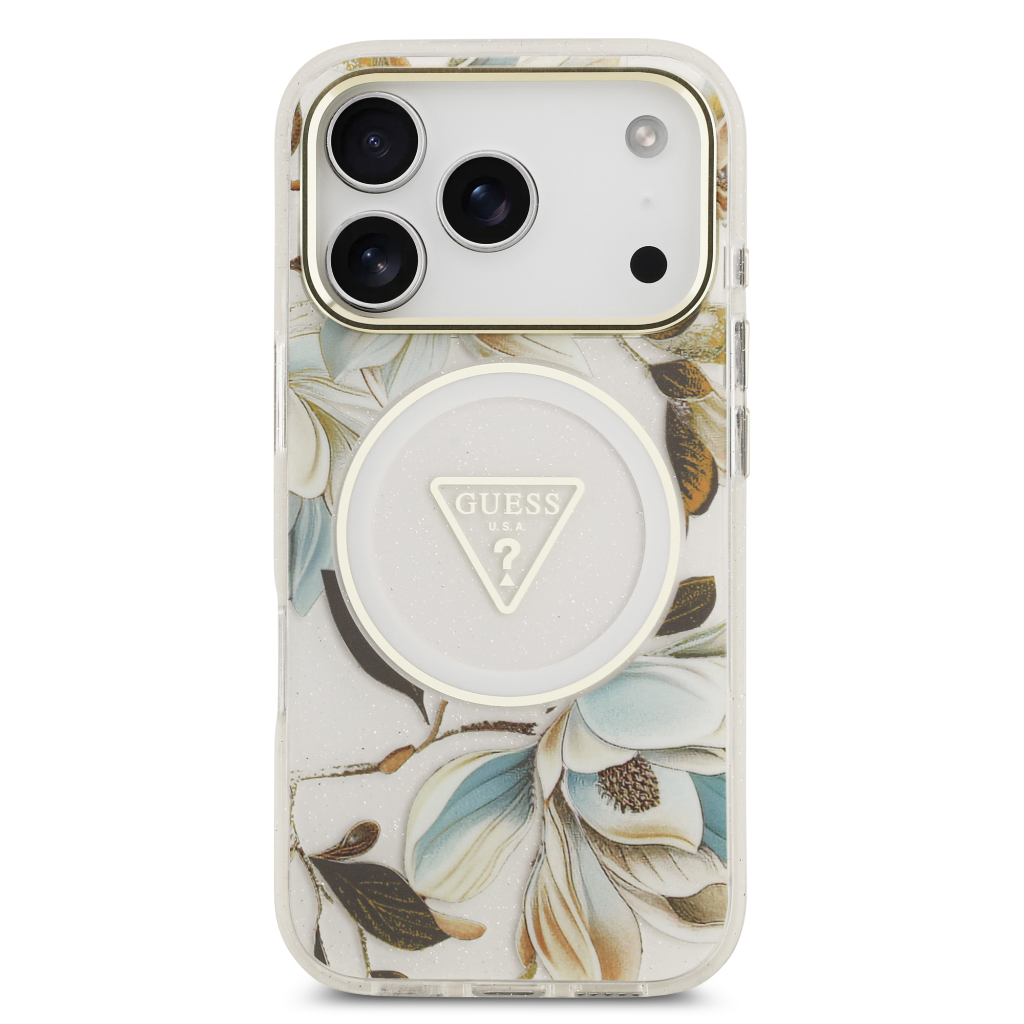 iPhone 17 Pro Max - GUESS Glitter Flowers Triangle White — estuche