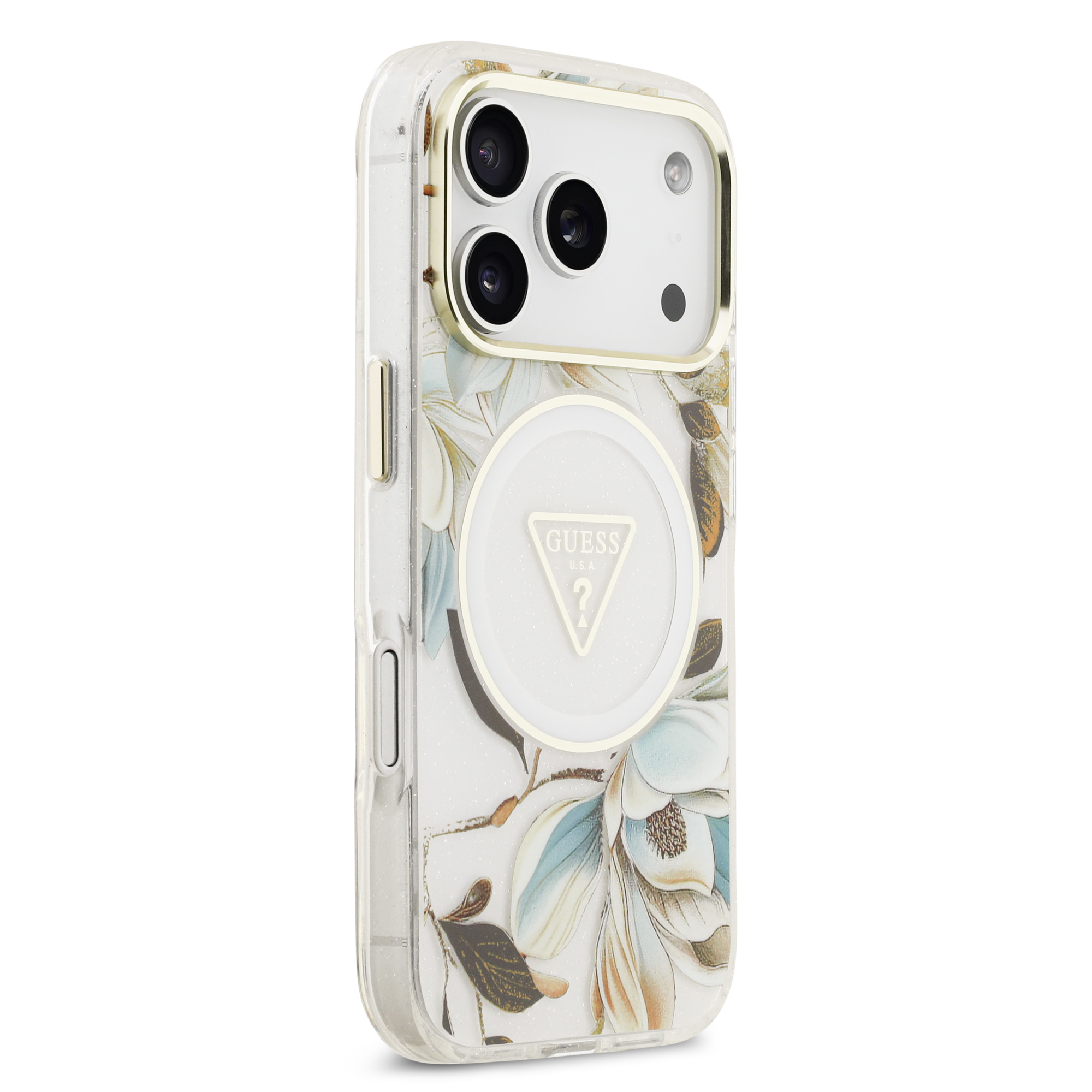 iPhone 17 Pro Max - GUESS Glitter Flowers Triangle White — estuche (foto 4 de 8)