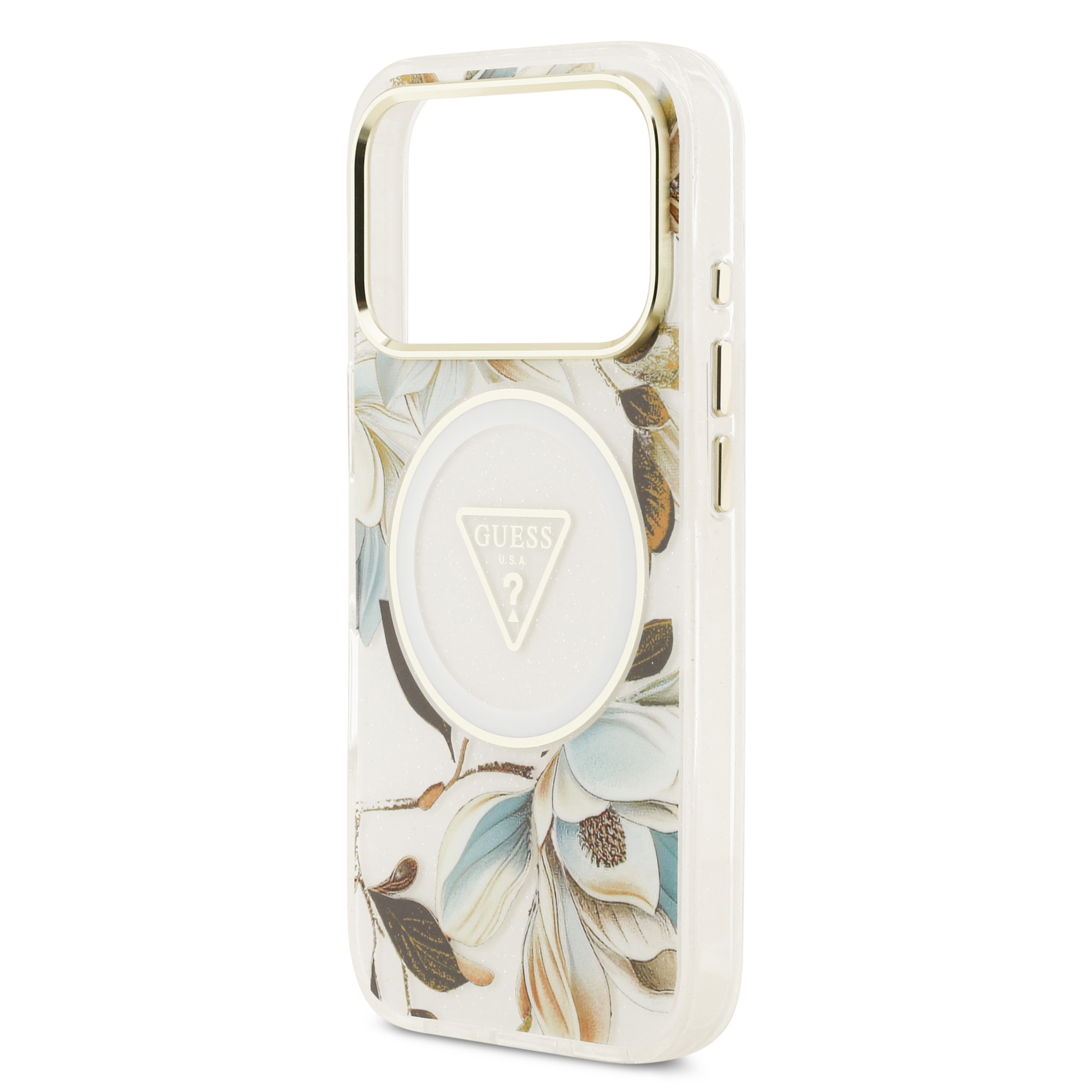 iPhone 17 Pro Max - GUESS Glitter Flowers Triangle White — estuche (foto 6 de 8)