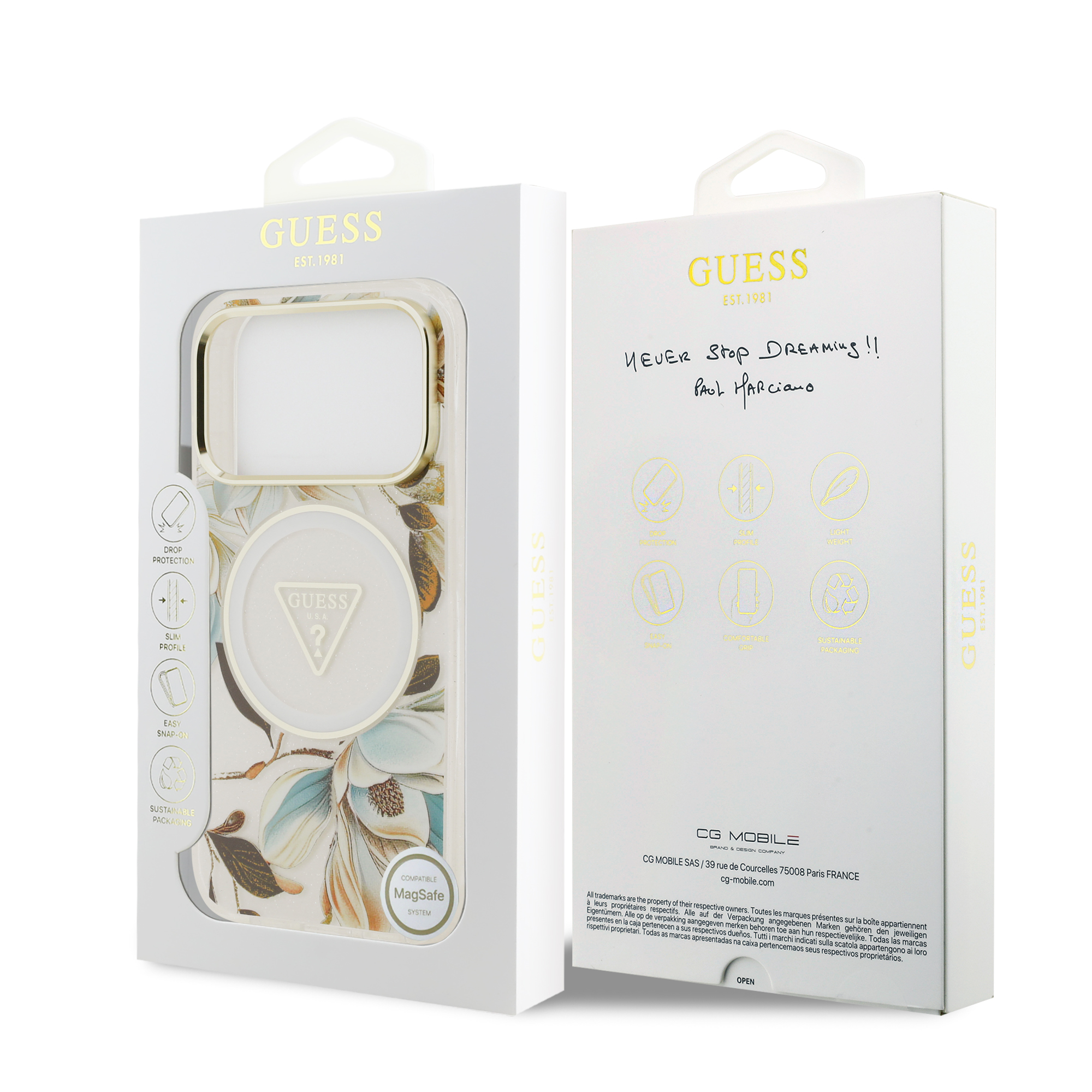 iPhone 17 Pro Max - GUESS Glitter Flowers Triangle White — estuche (foto 8 de 8)