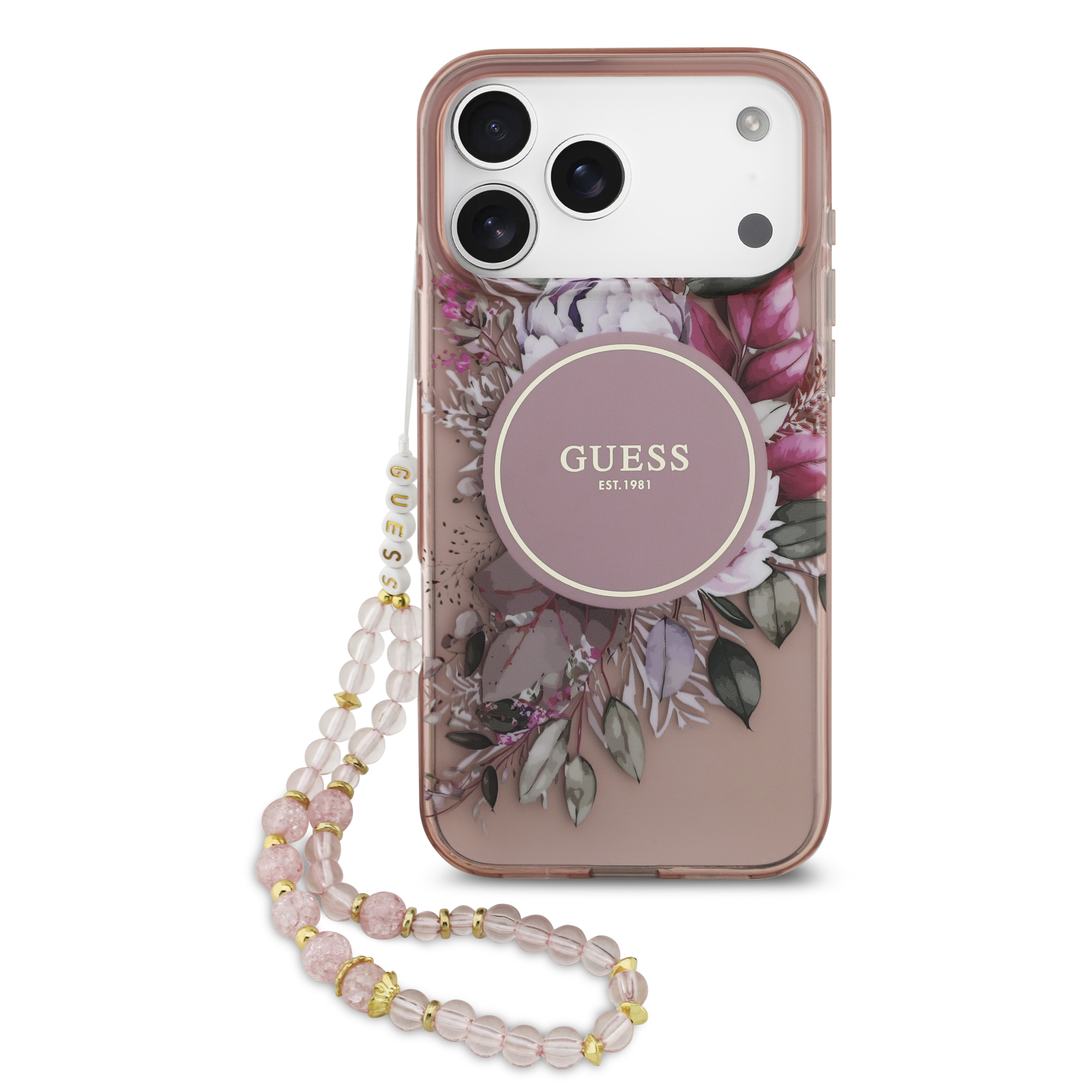 iPhone 17 Pro Max - GUESS Flowers With Pearl Strap Pink — estuche (foto 2 de 8)