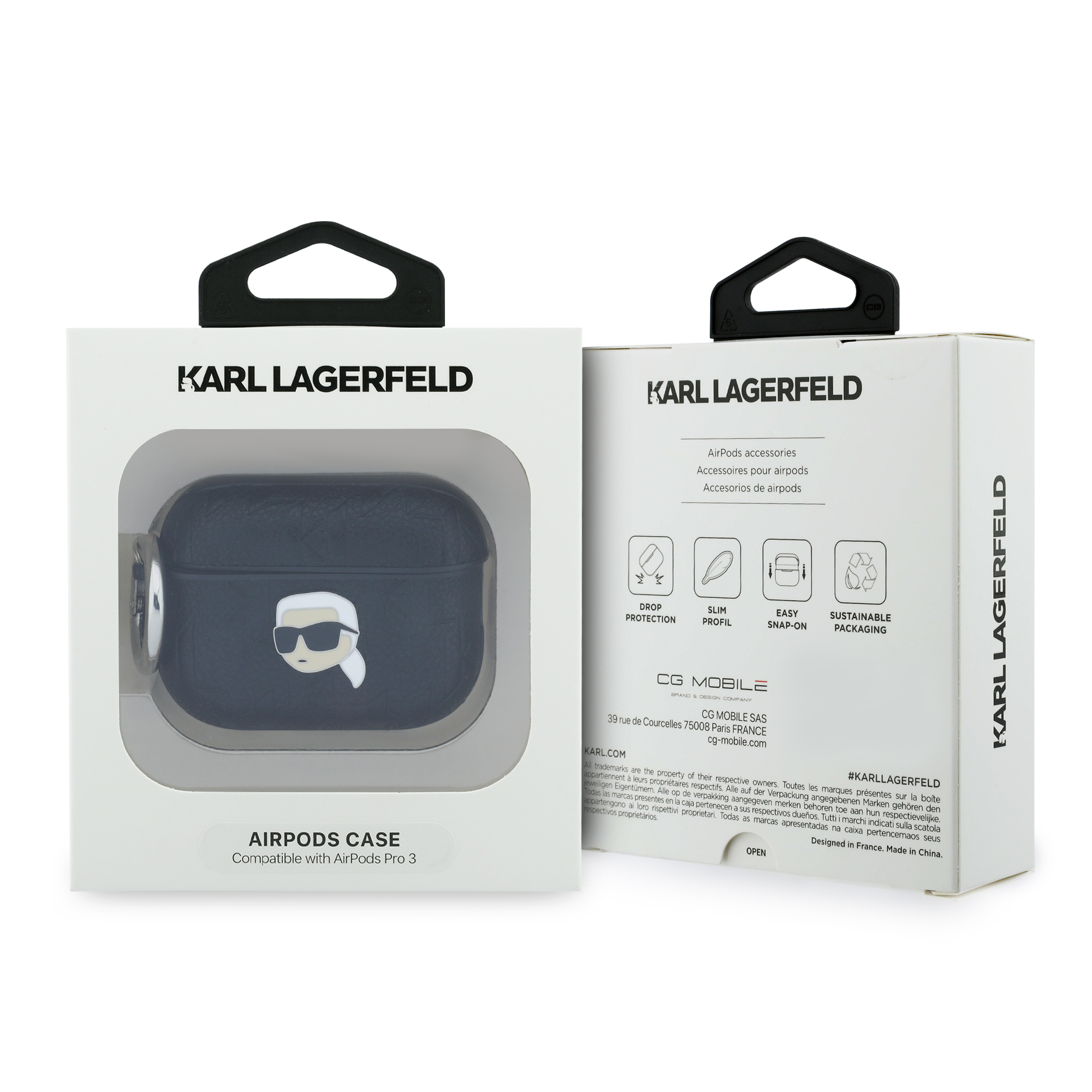 AirPods Pro 3 - KARL LAGERFELD Leather Karl Head Pin Monogram Black — estuche (foto 4 de 4)