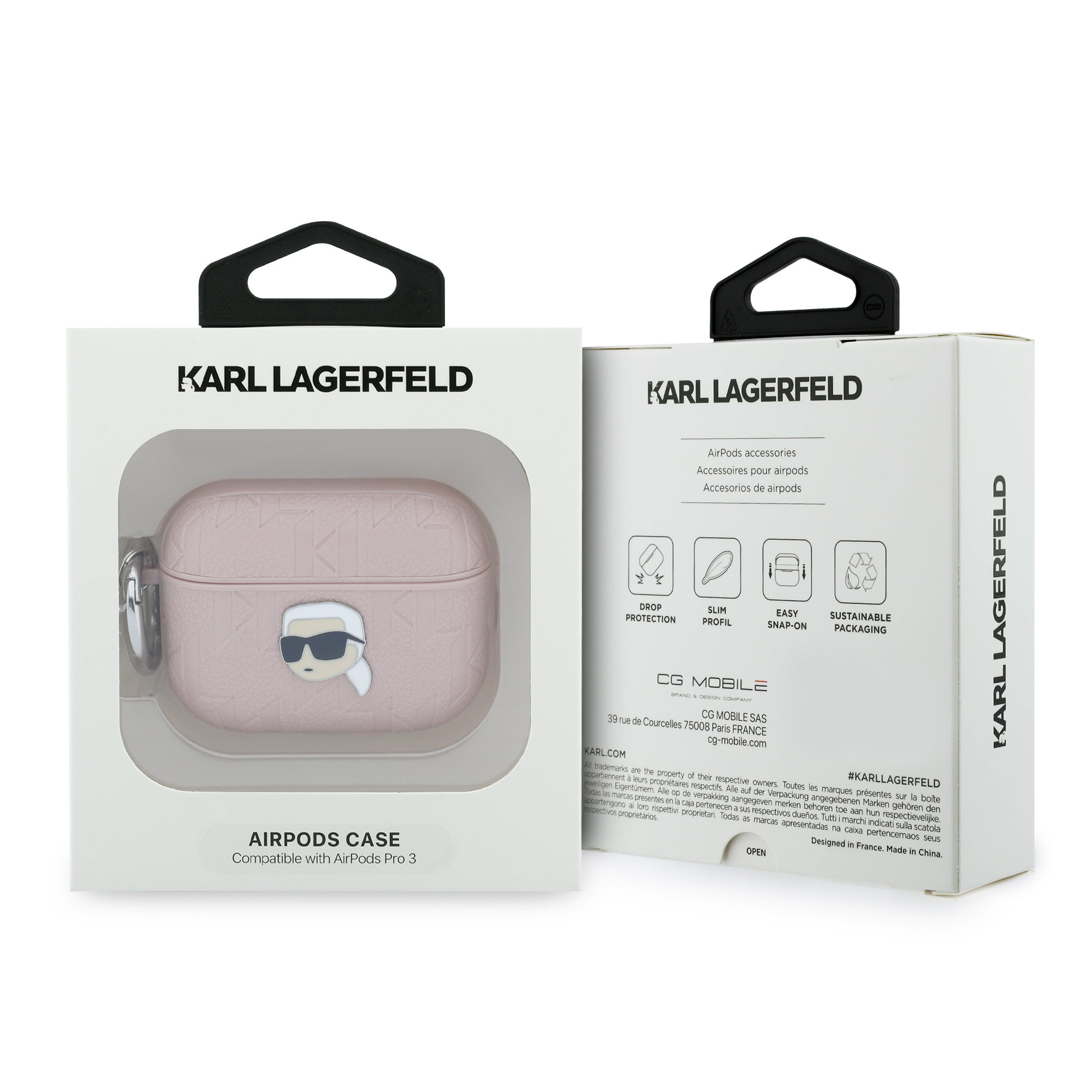 AirPods Pro 3 - KARL LAGERFELD Leather Karl Head Pin Monogram Pink — estuche (foto 4 de 4)