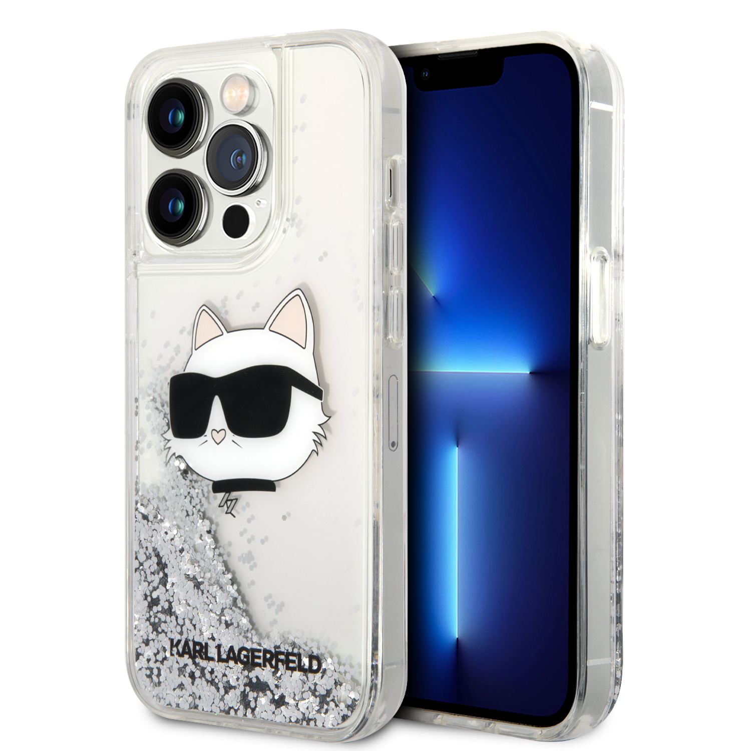 iPhone 15 Pro Max - KARL LAGERFELD PC/TPU Silver Hard Case Liquid Glitter Choupette Head