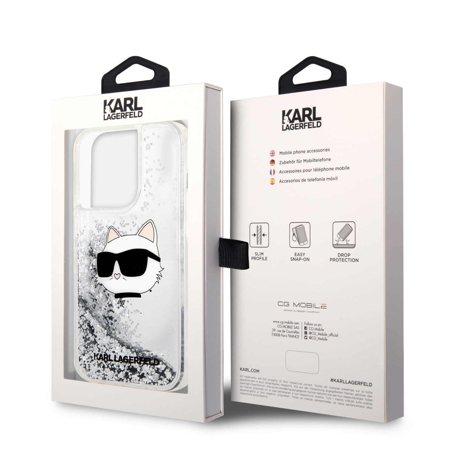 iPhone 15 Pro Max - KARL LAGERFELD PC/TPU Silver Hard Case Liquid Glitter Choupette Head — estuche (foto 2 de 5)