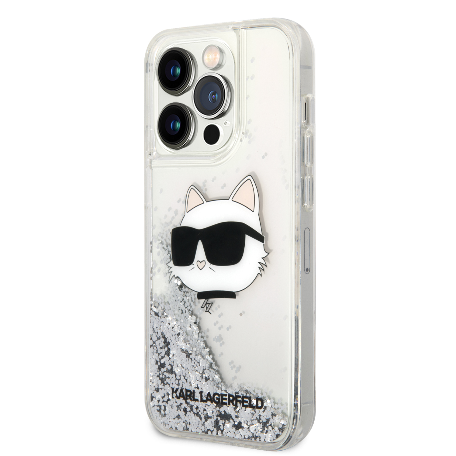 iPhone 15 Pro Max - KARL LAGERFELD PC/TPU Silver Hard Case Liquid Glitter Choupette Head — estuche (foto 3 de 5)