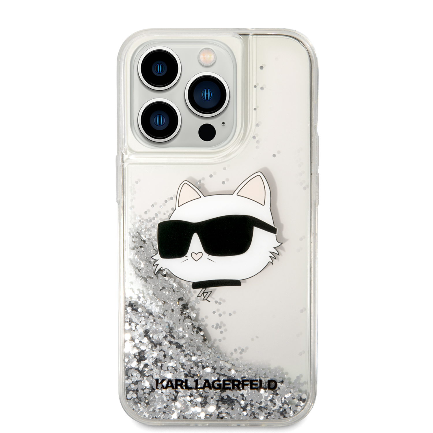 iPhone 15 Pro Max - KARL LAGERFELD PC/TPU Silver Hard Case Liquid Glitter Choupette Head — estuche (foto 4 de 5)