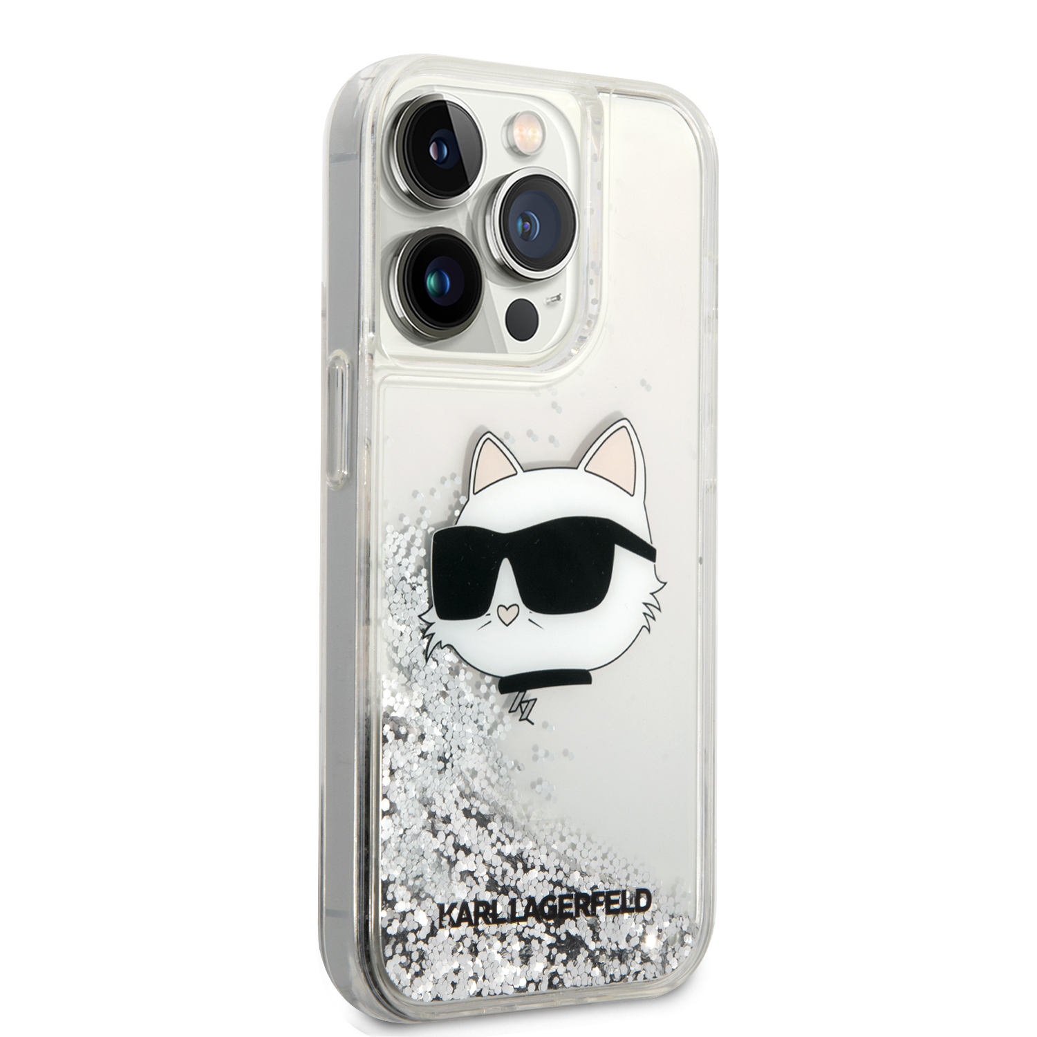 iPhone 15 Pro Max - KARL LAGERFELD PC/TPU Silver Hard Case Liquid Glitter Choupette Head — estuche (foto 5 de 5)