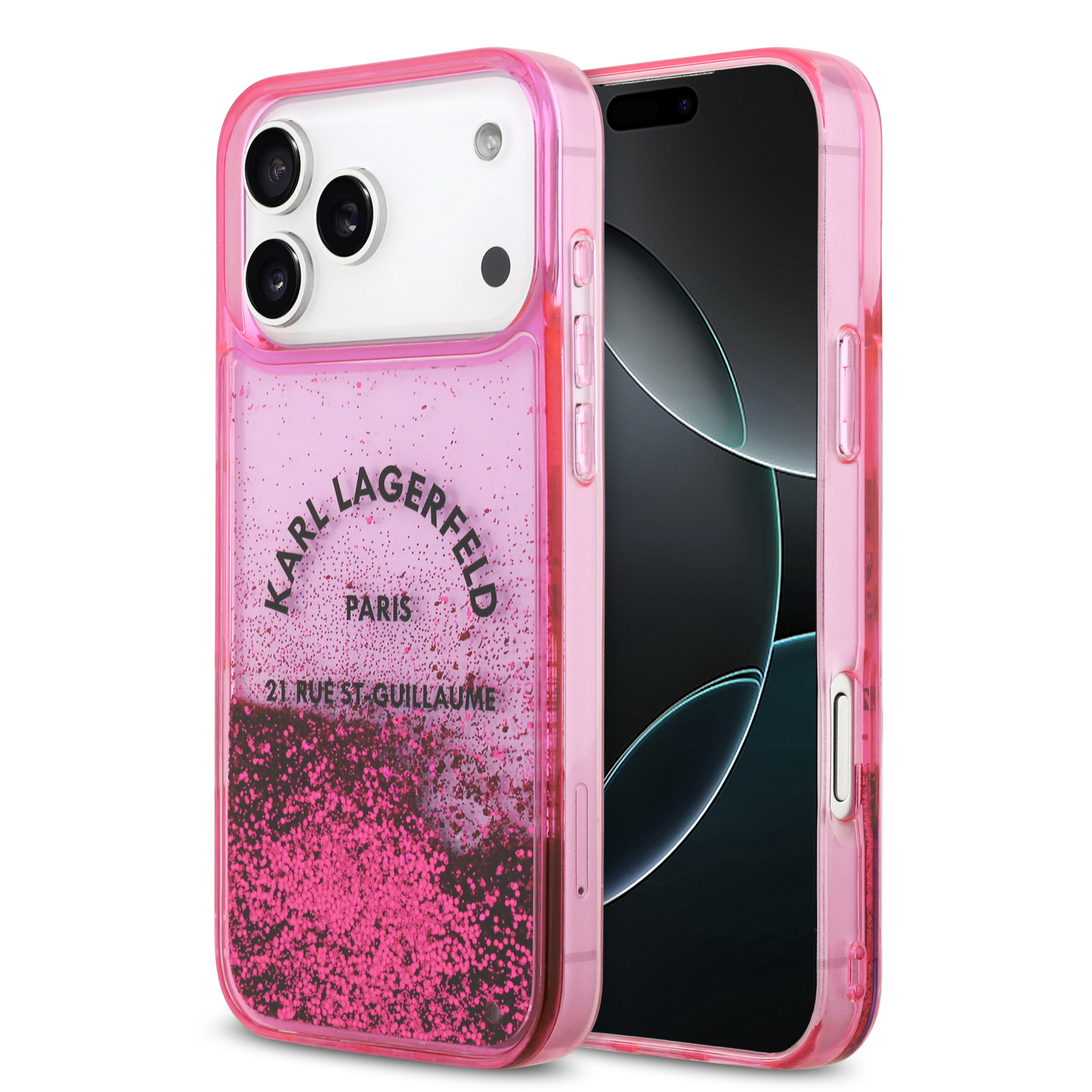 iPhone 17 Pro Max - KARL LAGERFELD Liquid Glitter Fuchsia — estuche (foto 2 de 8)
