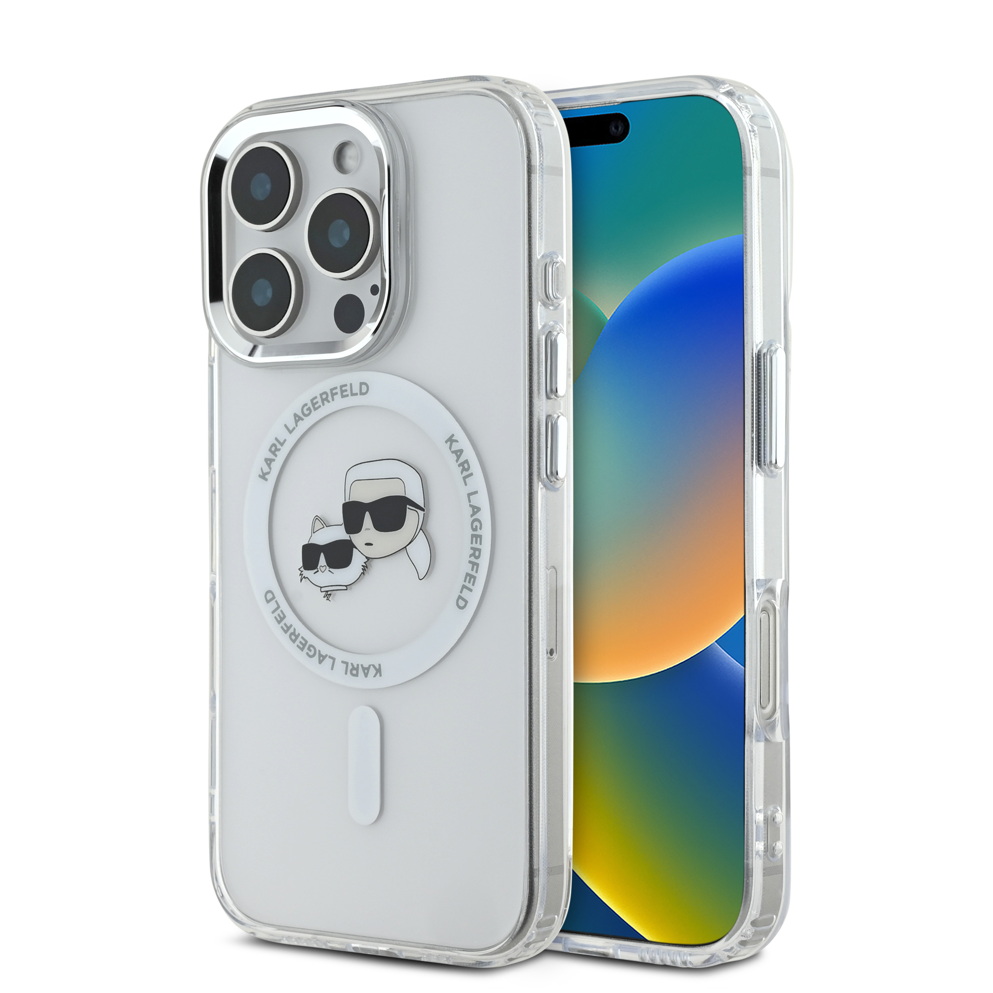 iPhone 16 Pro Max - KARL LAGERFELD Hard Case MagSafe IML Metal KC Heads White — estuche