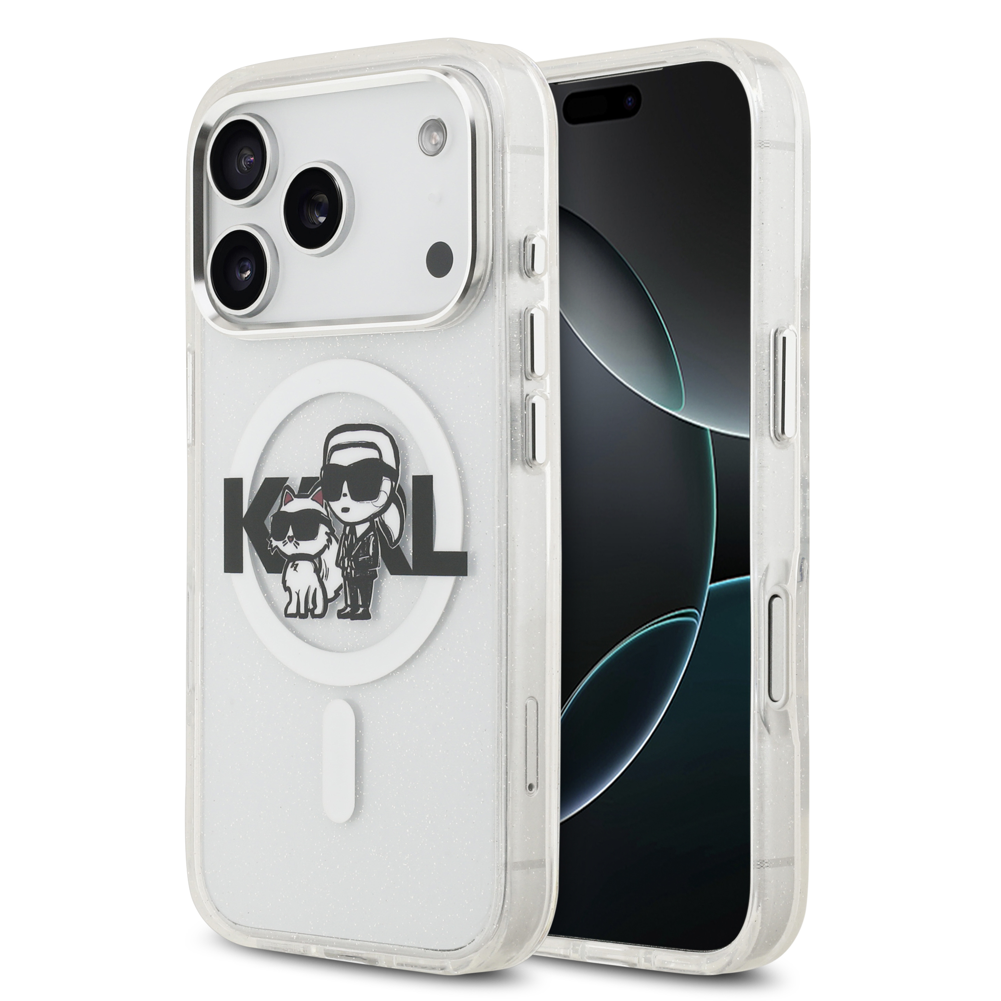 iPhone 17 Pro - KARL LAGERFELD Glitter Karl&Choupette Sketch Clear — estuche