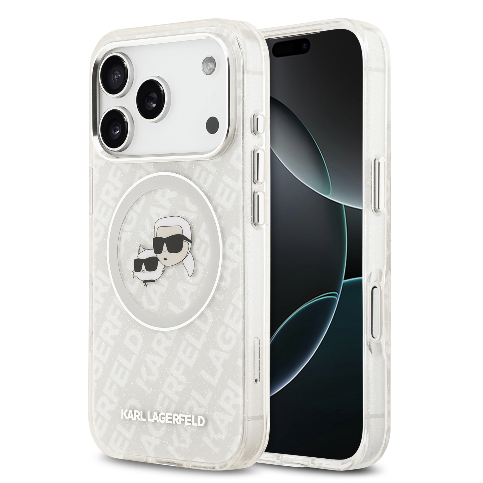 iPhone 17 Pro - KARL LAGERFELD Glitter Karl&Choupette Heads Grey — estuche