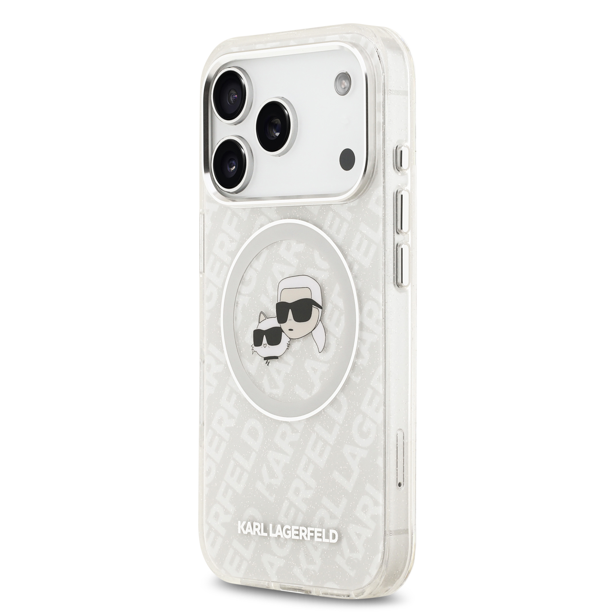 iPhone 17 Pro - KARL LAGERFELD Glitter Karl&Choupette Heads Grey — estuche (foto 2 de 5)