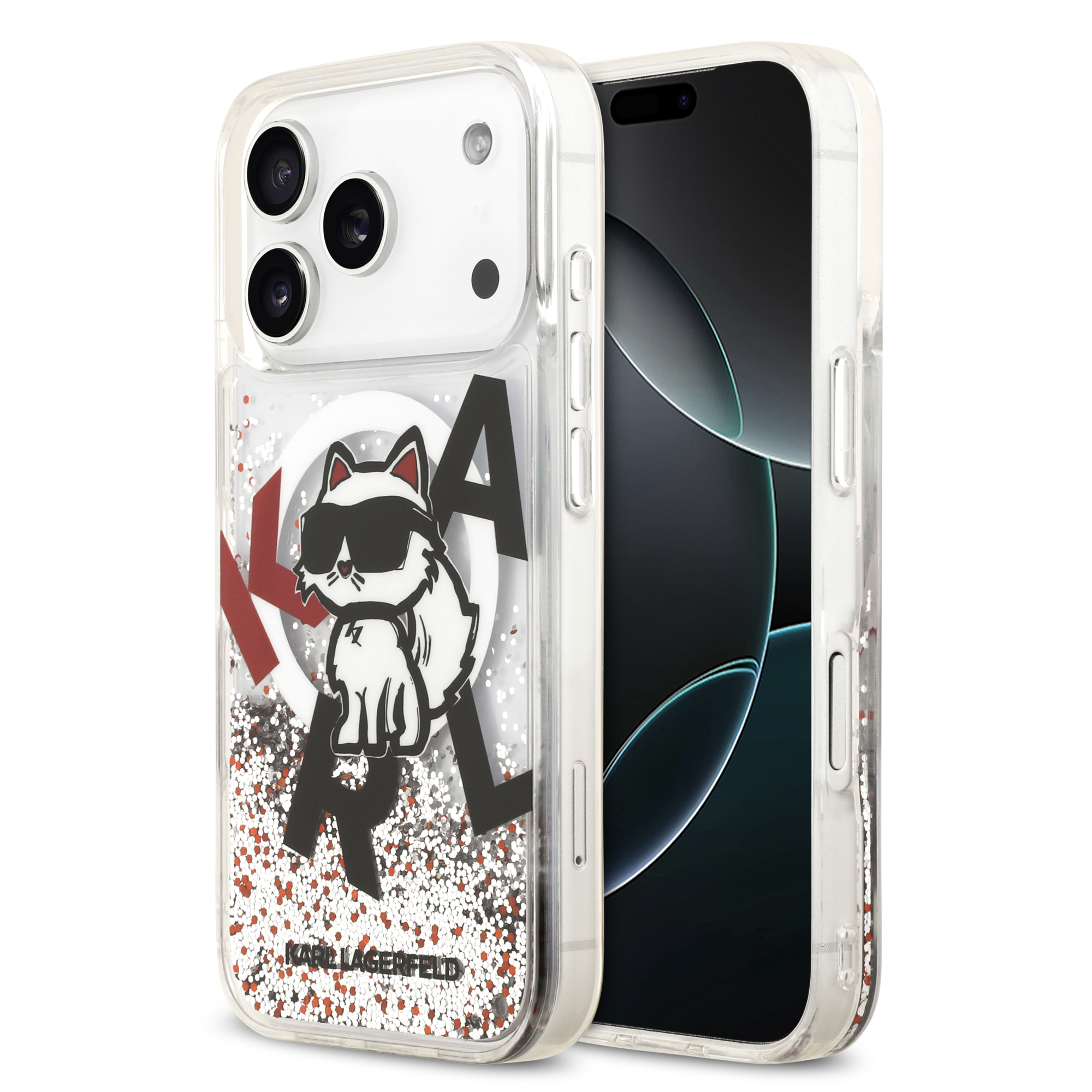 iPhone 17 Pro - KARL LAGERFELD Liquid Glitter With Scattered Choupette Transparent — estuche