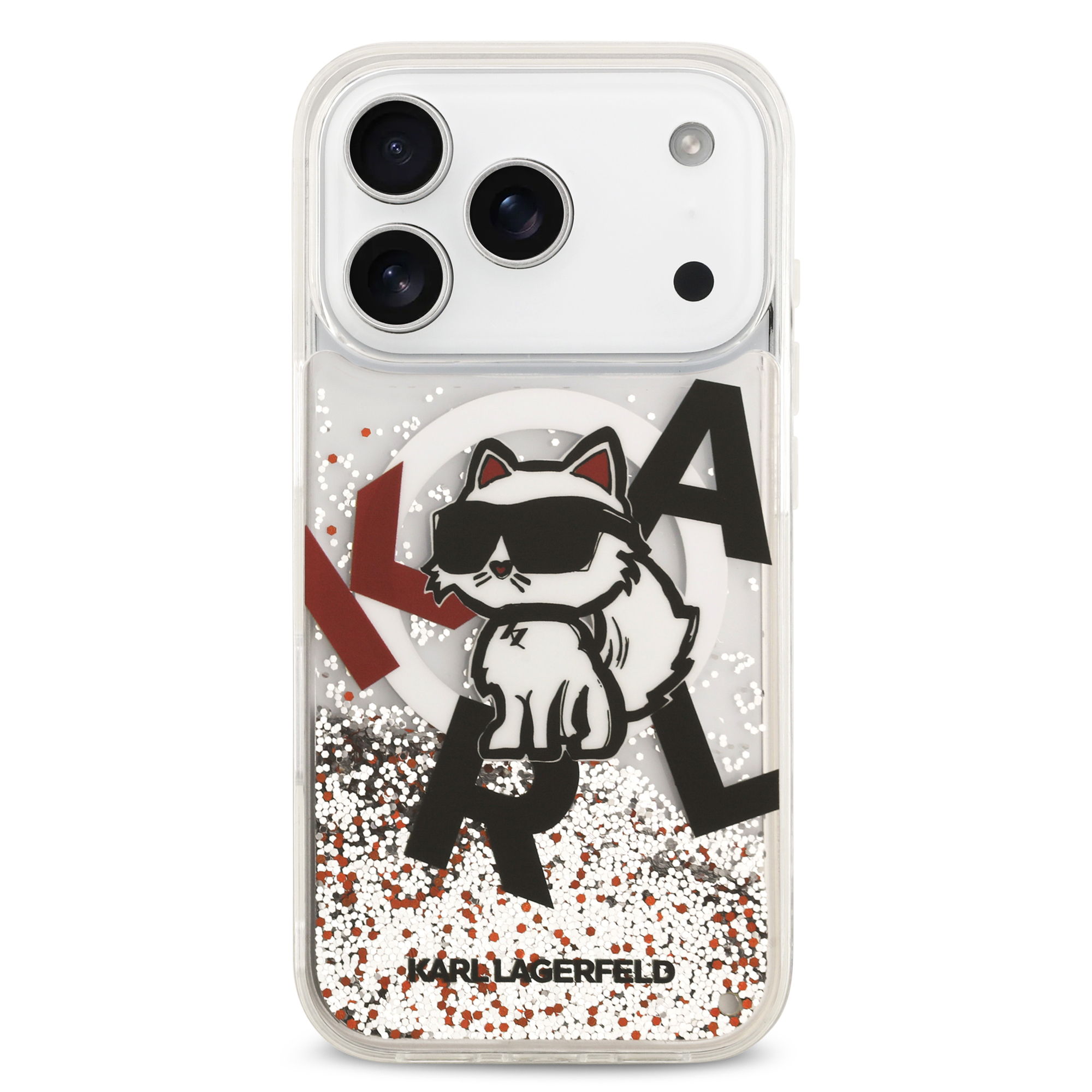 iPhone 17 Pro - KARL LAGERFELD Liquid Glitter With Scattered Choupette Transparent — estuche (foto 3 de 5)