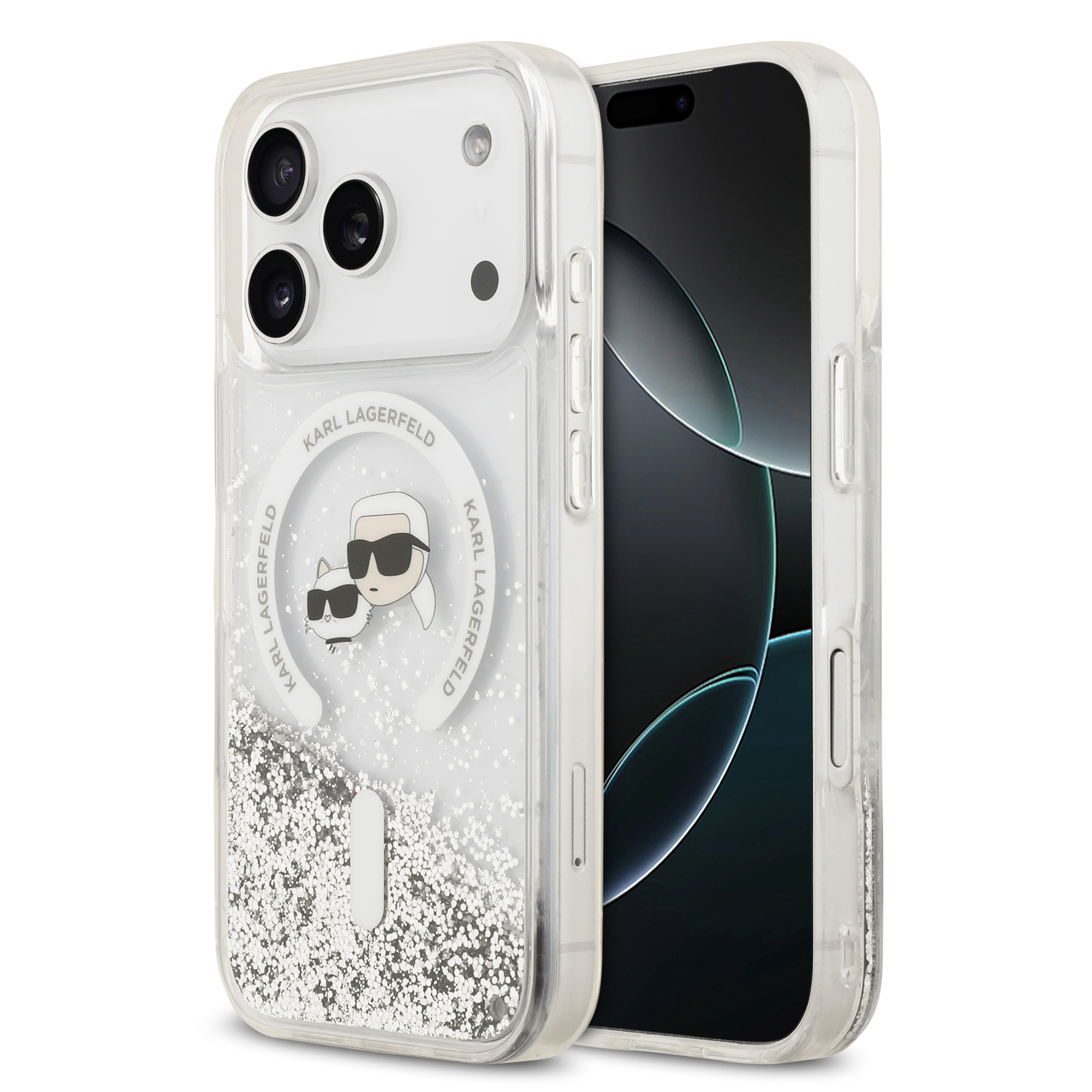 iPhone 17 Pro - KARL LAGERFELD Liquid Glitter Heads Transparent — estuche (foto 2 de 8)