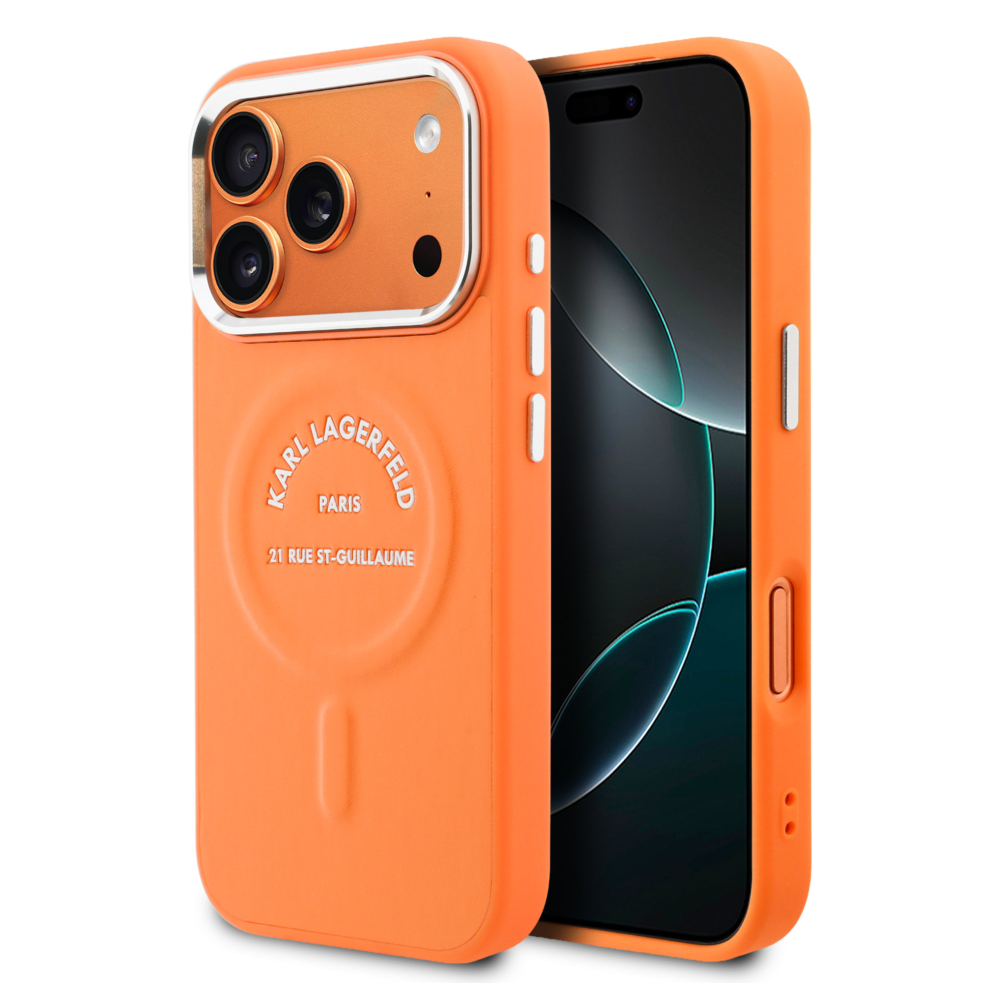 iPhone 17 Pro - KARL LAGERFELD Leather Karl Logo Orange — estuche (foto 2 de 8)