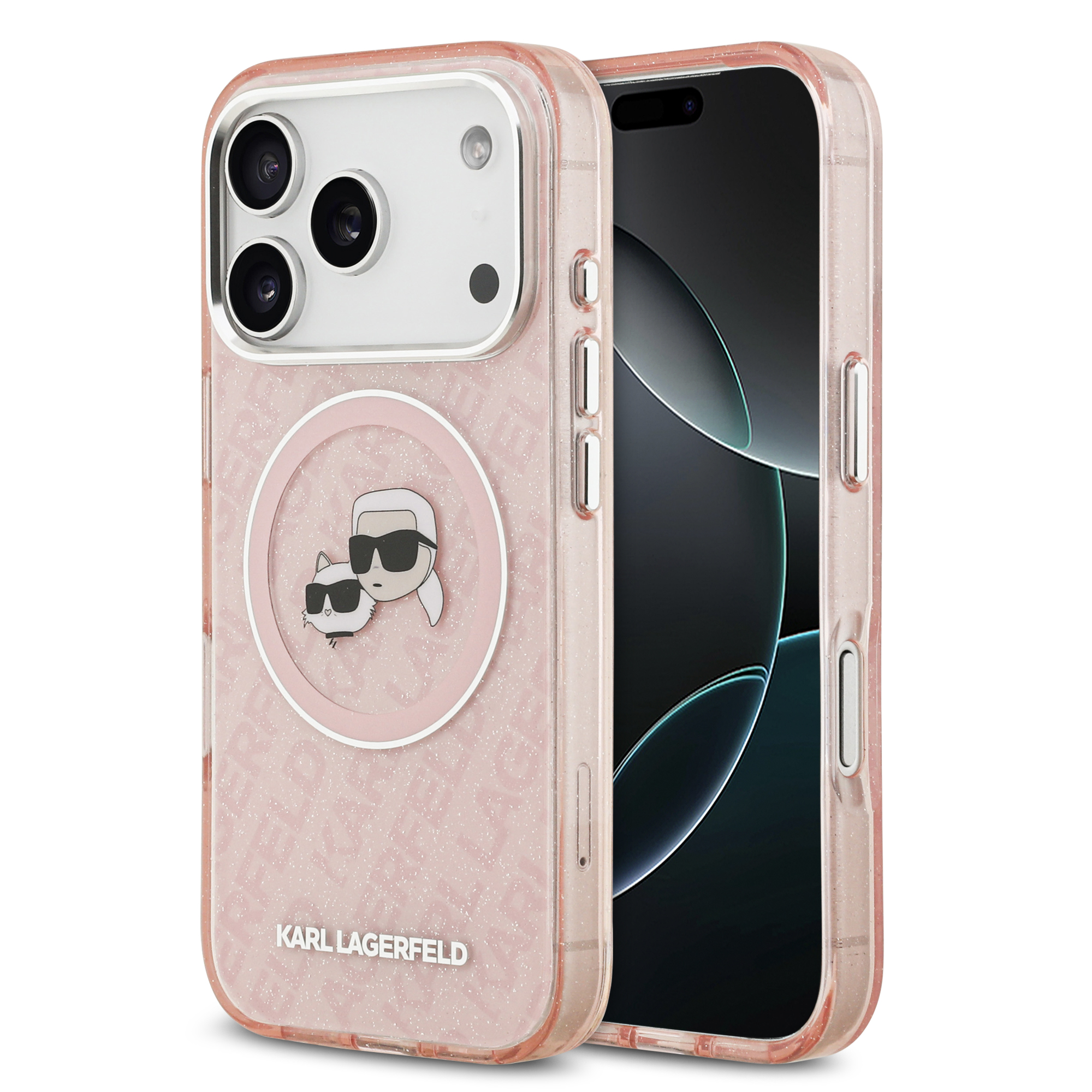 iPhone 17 Pro Max - KARL LAGERFELD Glitter Karl&Choupette Heads Pink — estuche (foto 2 de 8)