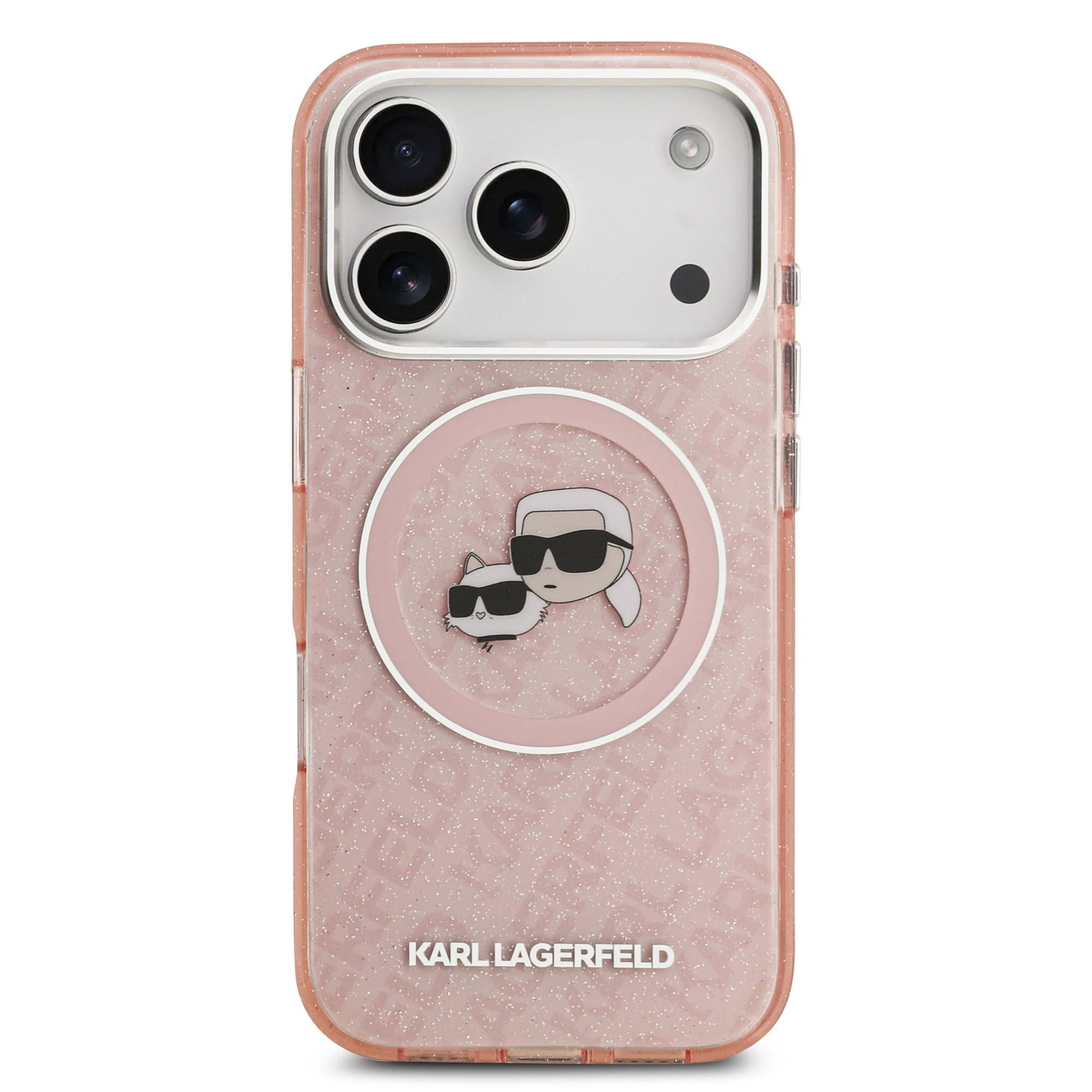 iPhone 17 Pro Max - KARL LAGERFELD Glitter Karl&Choupette Heads Pink — estuche
