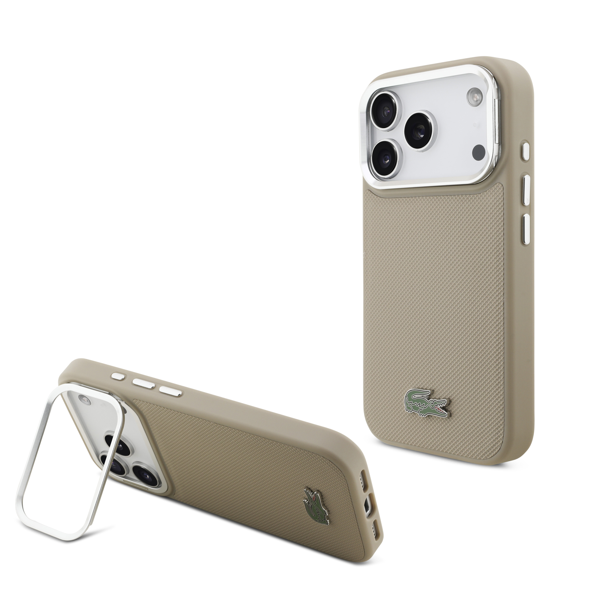 iPhone 17 Pro - LACOSTE Petit Pique PU Stand Function Taupe — estuche (foto 2 de 8)