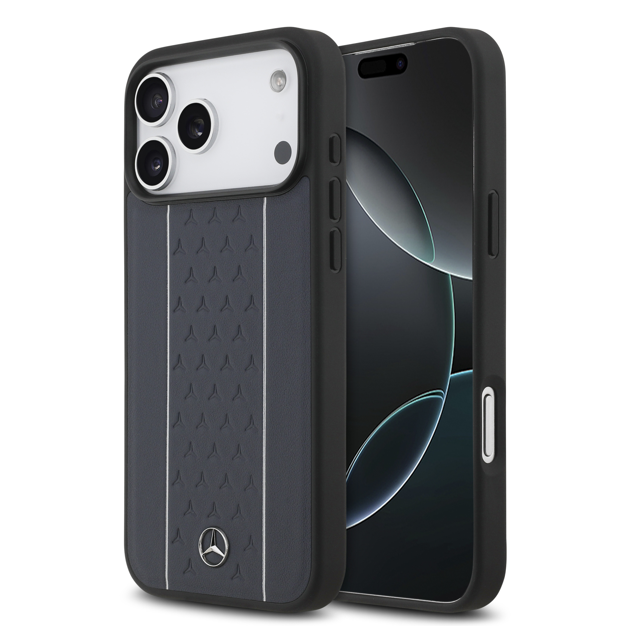 iPhone 17 Pro Max - MERCEDES BENZ Leather Star Vertical Stripes Blue/Silver