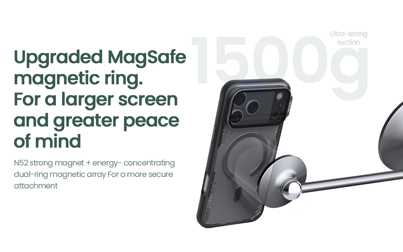 iPhone 17 Pro Max - NILLKIN Iceblade Prop Magnetic Case Transparent Lens Twilight Gray — estuche (foto 2 de 4)