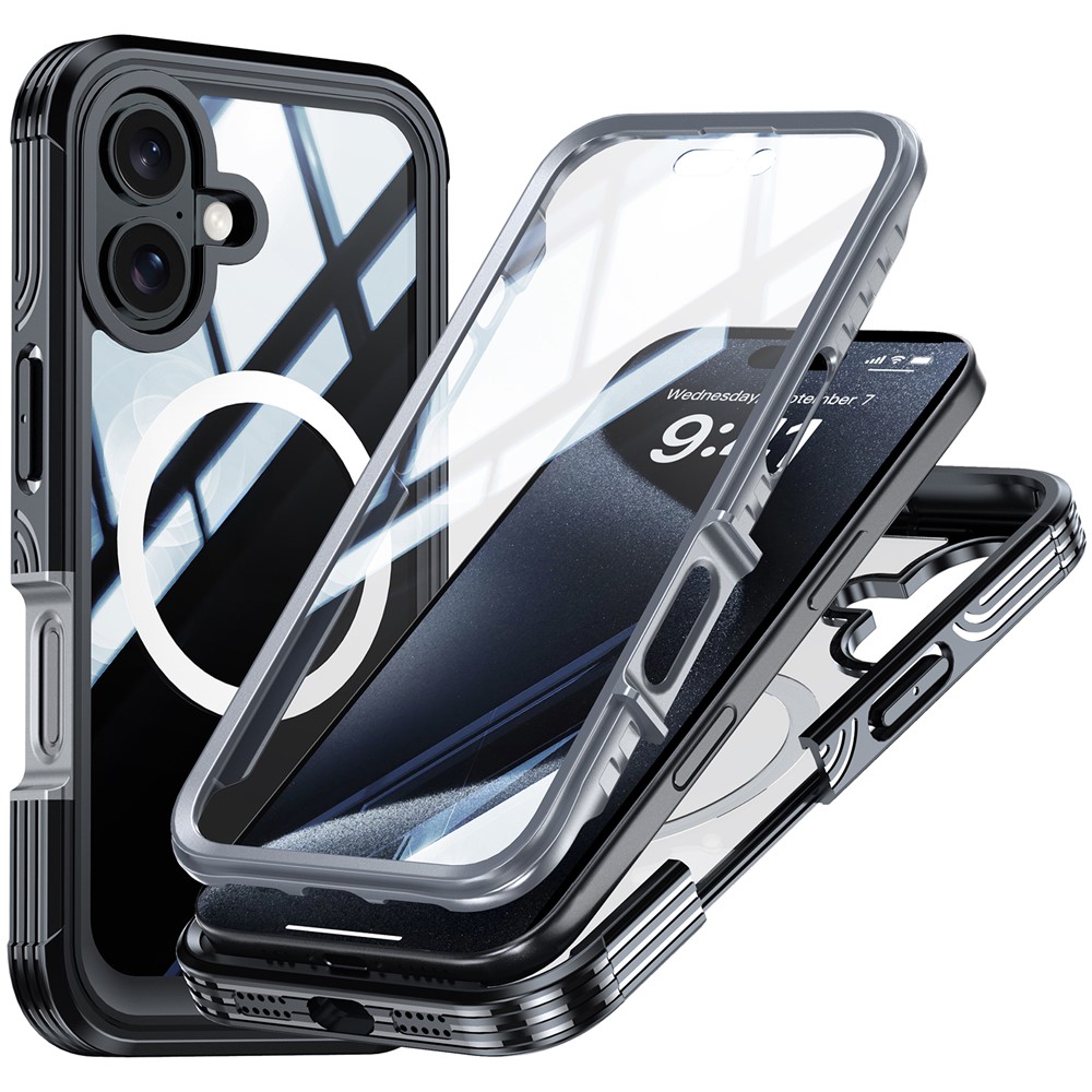 iPhone 16 - Magnetic With Tempered Galss Rugged Grey — estuche