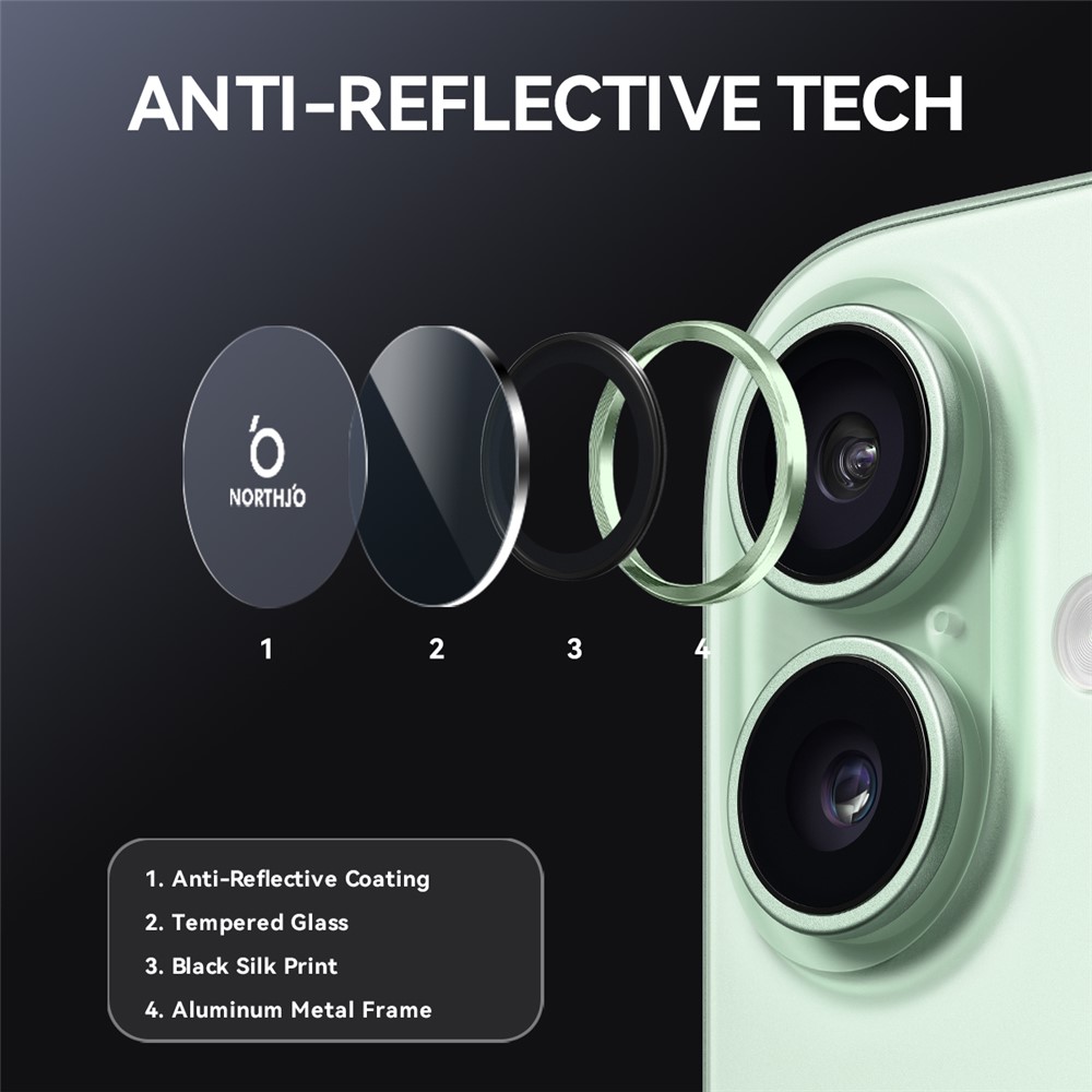 iPhone 17 - NORTHJO Camera Lens Glass Protector Green — vidrio templado protector de pantalla (foto 3 de 5)
