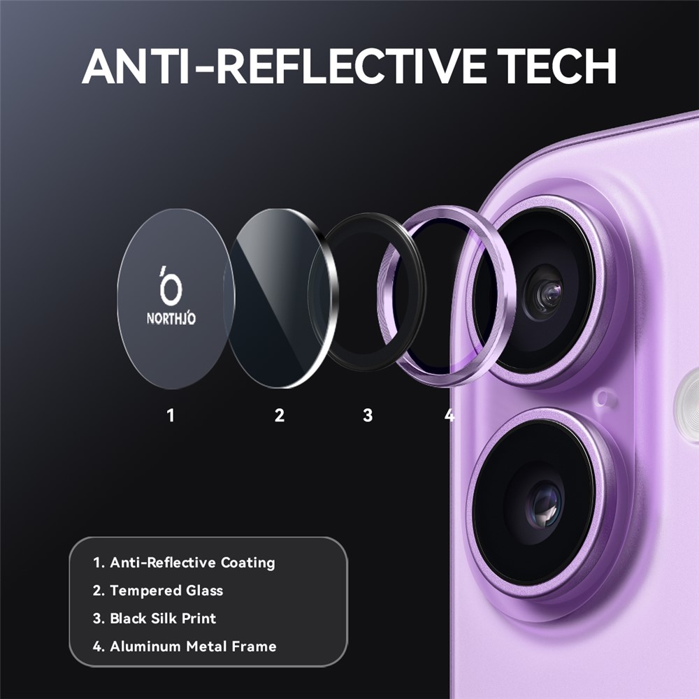 iPhone 17 - NORTHJO Camera Lens Glass Protector Purple — vidrio templado protector de pantalla (foto 3 de 5)