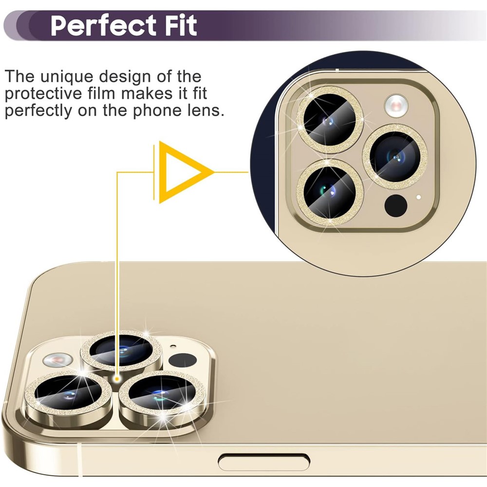 iPhone 15 Pro/15 Pro Max - Camera Lens Glass Protector Glitter Gold — vidrio templado protector de pantalla (foto 2 de 5)