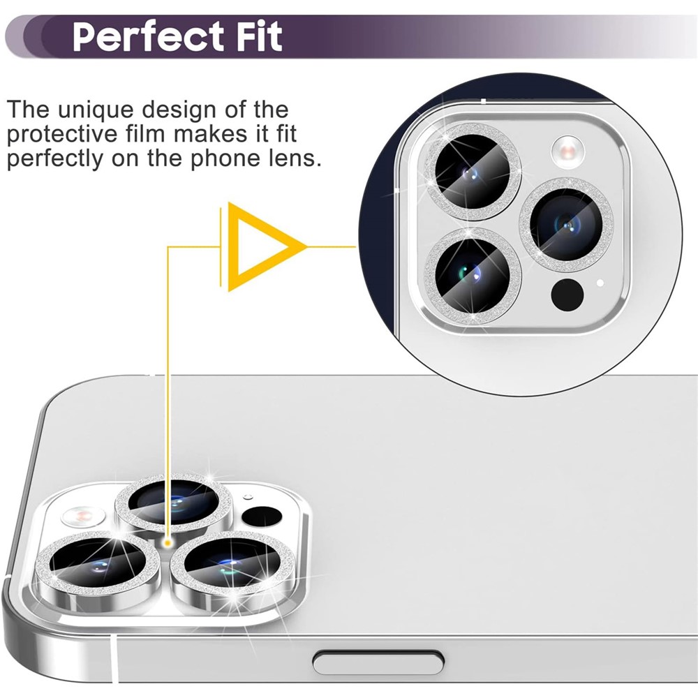 iPhone 15 Pro/15 Pro Max - Camera Lens Glass Protector Glitter Silver — vidrio templado protector de pantalla (foto 5 de 8)