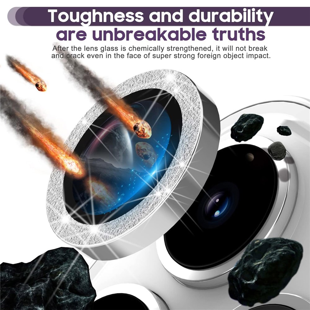 iPhone 15 Pro/15 Pro Max - Camera Lens Glass Protector Glitter Silver — vidrio templado protector de pantalla (foto 6 de 8)