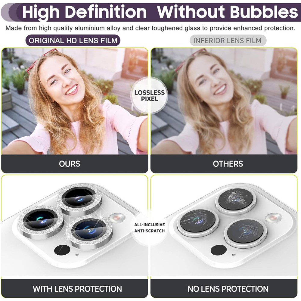 iPhone 15 Pro/15 Pro Max - Camera Lens Glass Protector Glitter Silver — vidrio templado protector de pantalla (foto 8 de 8)