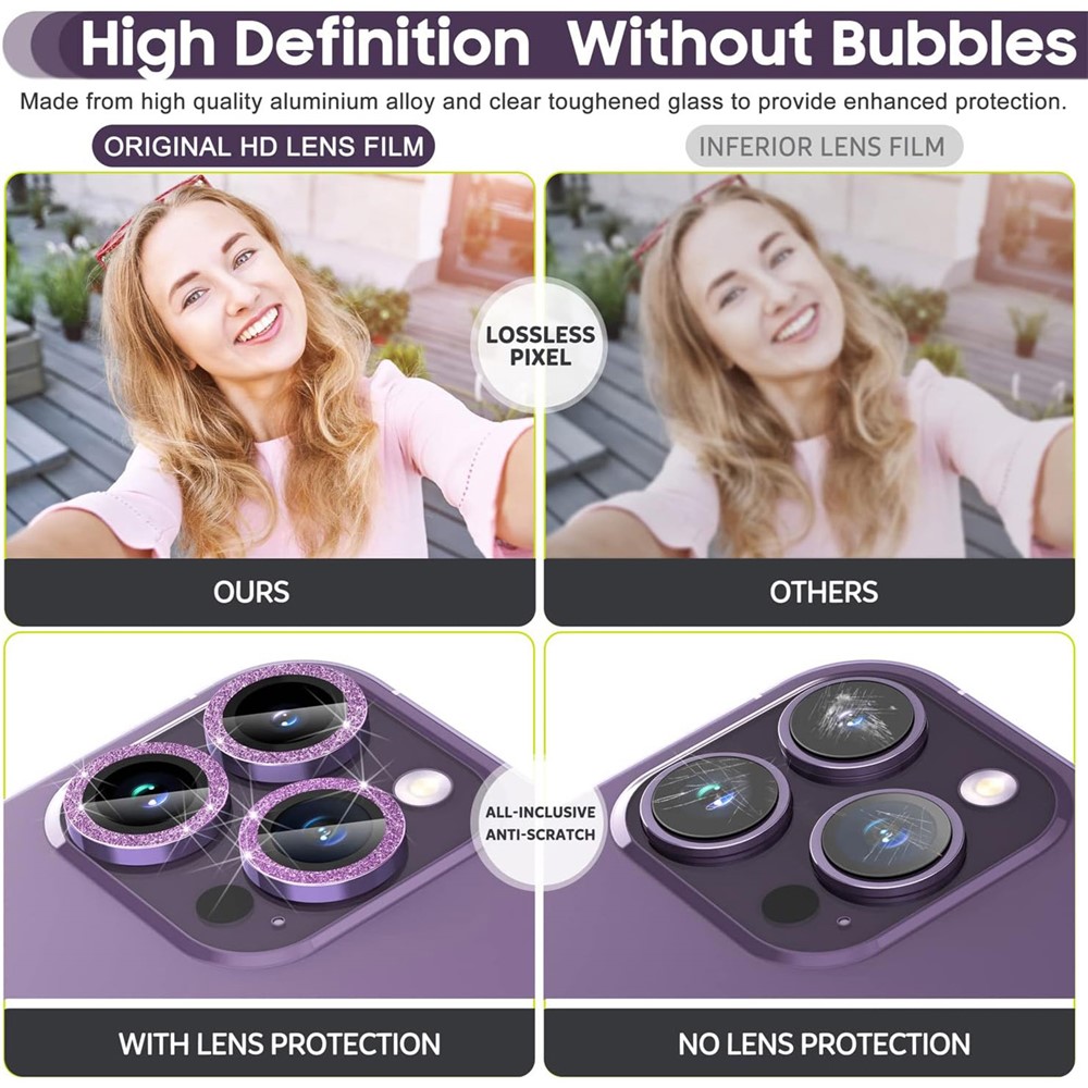 iPhone 15 Pro/15 Pro Max - Camera Lens Glass Protector Glitter Purple — vidrio templado protector de pantalla (foto 4 de 5)