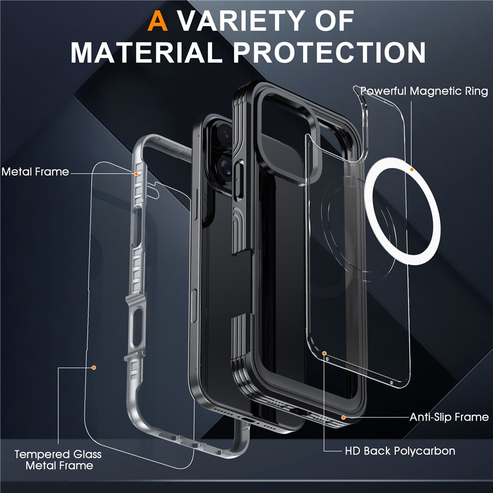 iPhone 16 Pro Max - Magnetic With Tempered Galss Rugged Black Grey — estuche (foto 4 de 8)