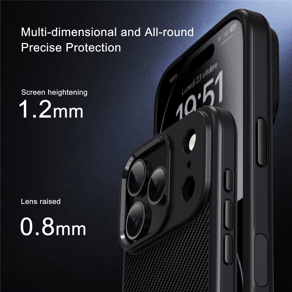 iPhone 17 Pro Max - IPAKY Carbon Fiber Metal Lens Black — estuche (foto 6 de 10)