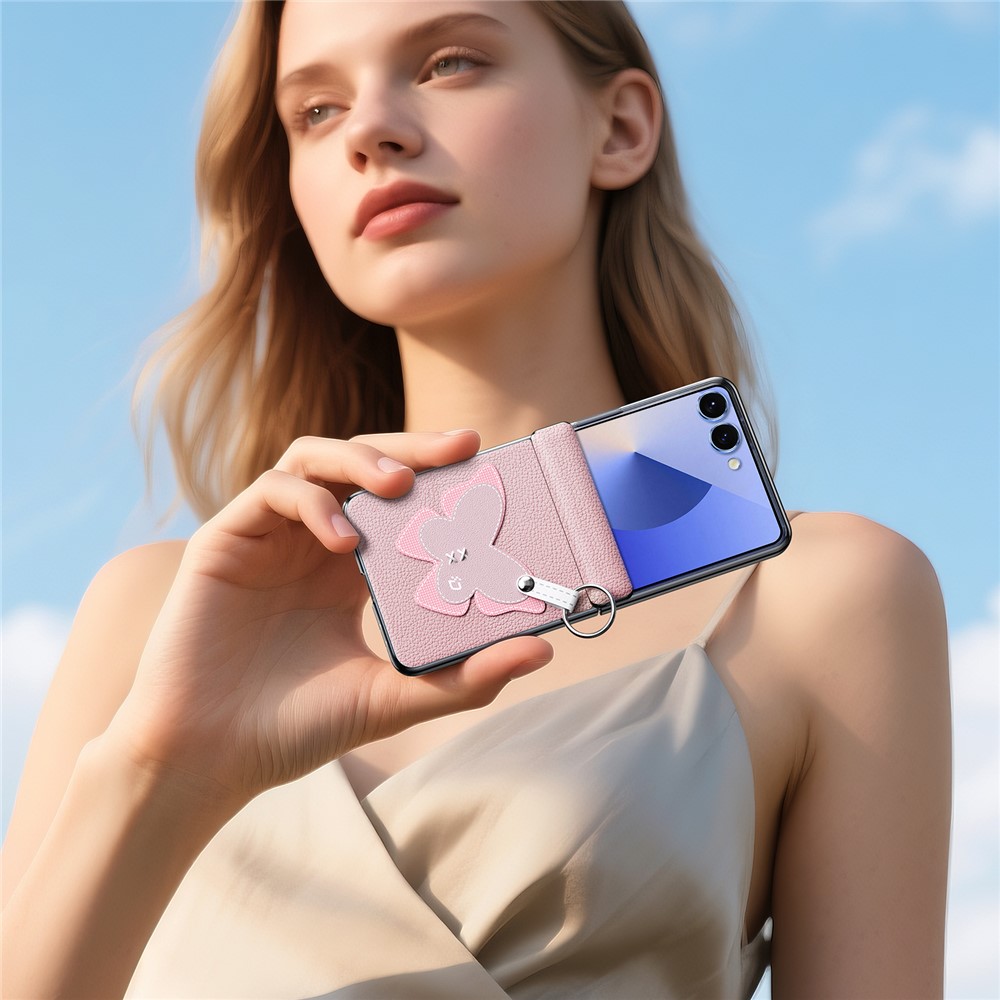 Samsung Galaxy Z Flip 7 - DUX DUCIS Leather With Ring Pink Butterfly — estuche (foto 8 de 10)