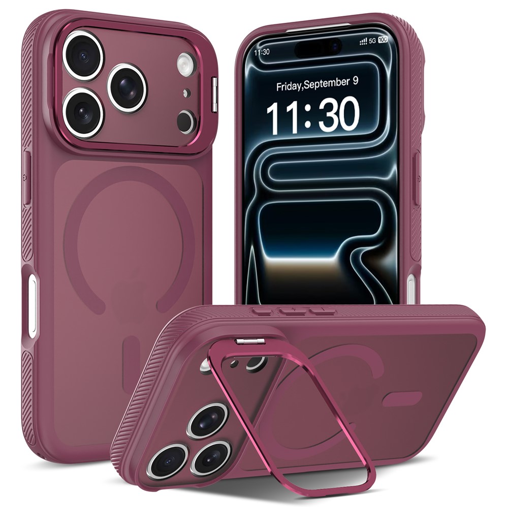 iPhone 18 Pro/17 Pro - Magnetic Lens Frame Kickstand Cherry Red — estuche