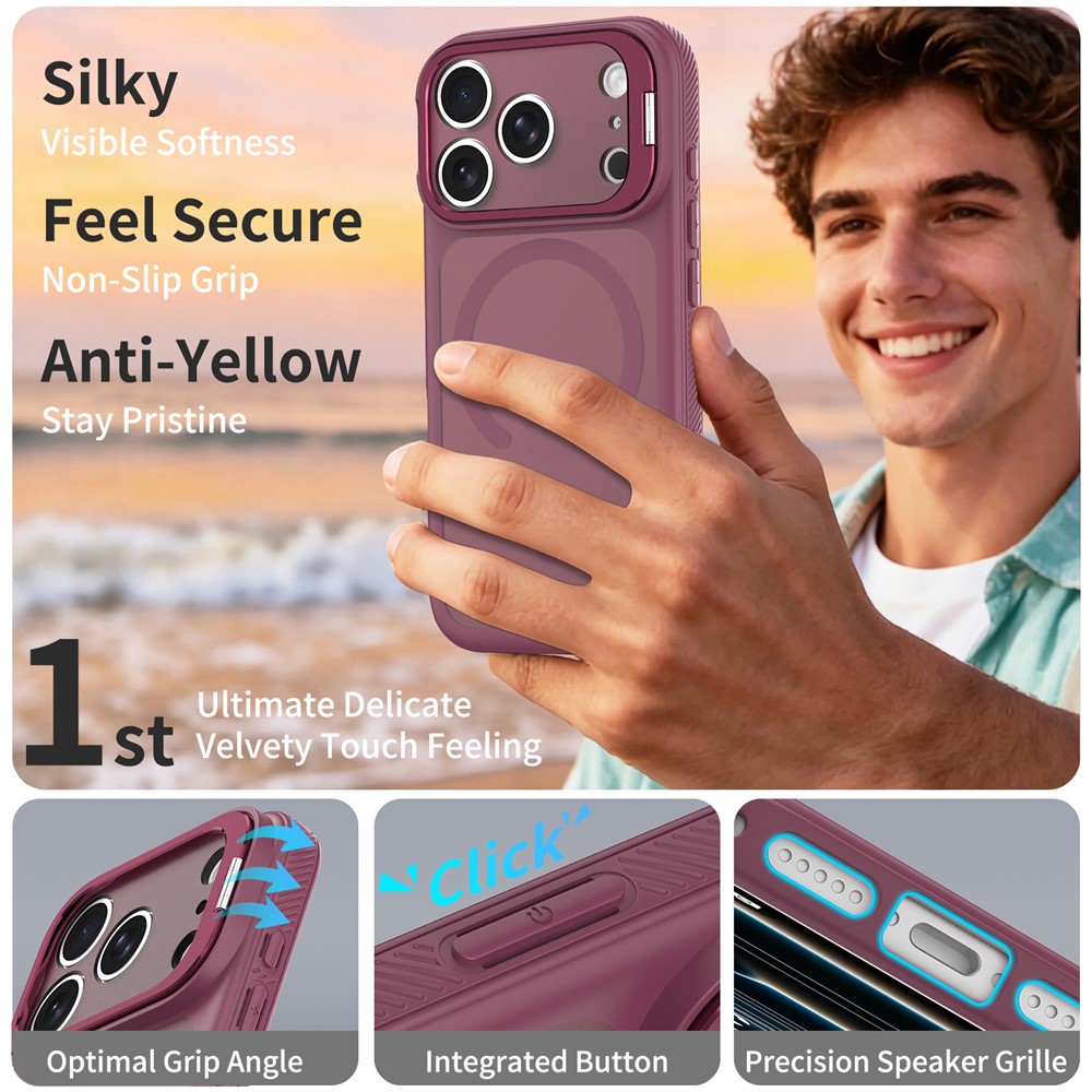 iPhone 18 Pro/17 Pro - Magnetic Lens Frame Kickstand Cherry Red — estuche (foto 2 de 5)