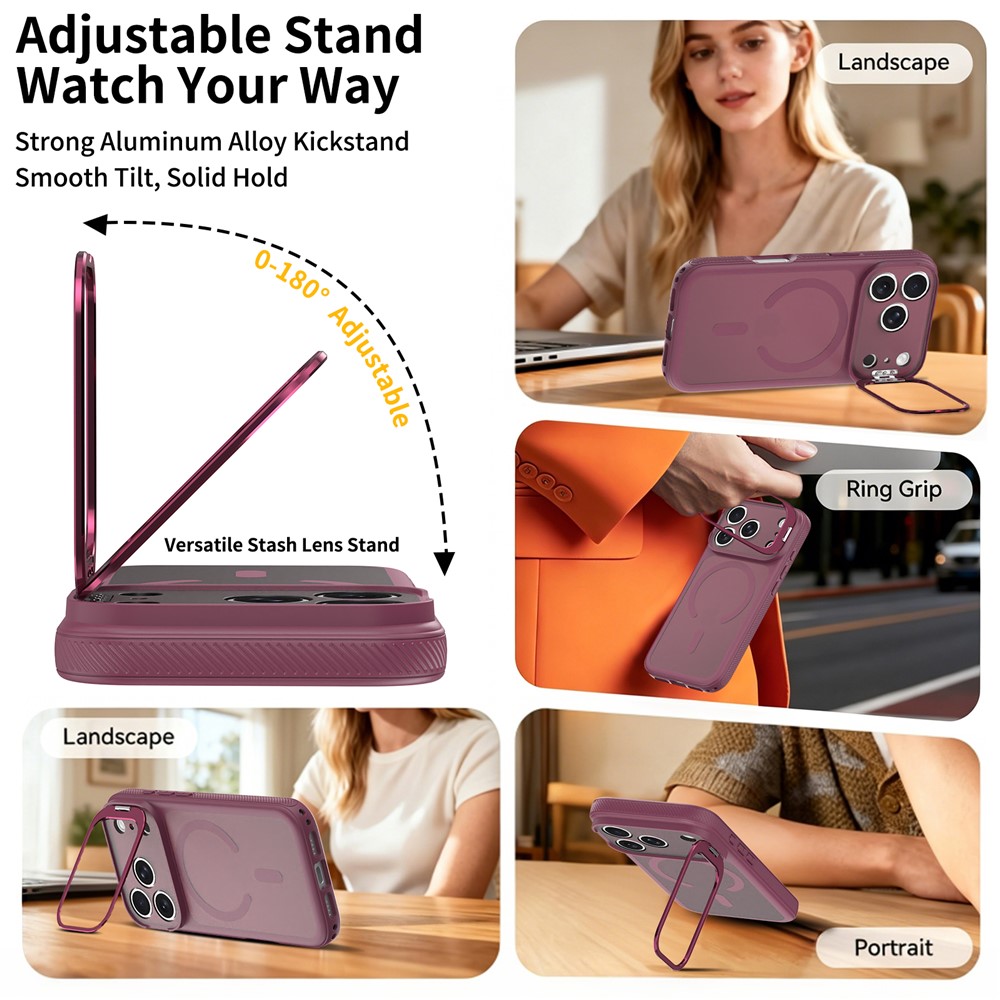 iPhone 18 Pro/17 Pro - Magnetic Lens Frame Kickstand Cherry Red — estuche (foto 4 de 5)