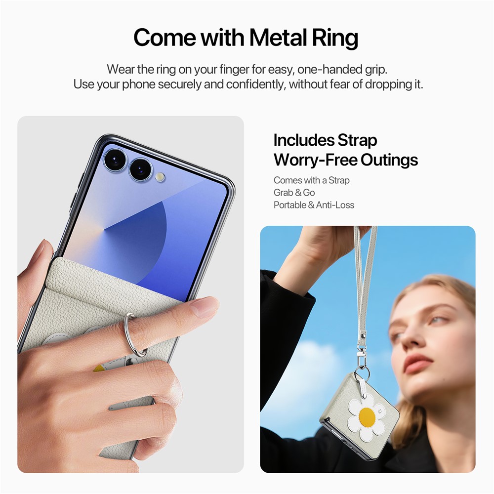 Samsung Galaxy Z Flip 7 - DUX DUCIS Leather With Ring Starlight Daisy — estuche (foto 5 de 6)